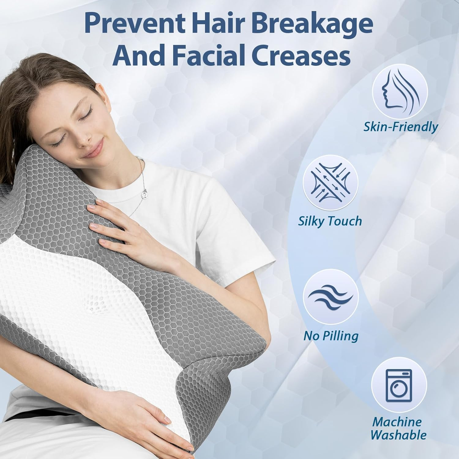 HOMCA Cervical Pillow, Ergonomic Memory Foam Pillow for Neck and Shoulder Pain Relief with Cooling Ice Silk Pillowcase, Orthopedic Neck Bed Pillow for Side, Back and Stomach Sleepers image number 5