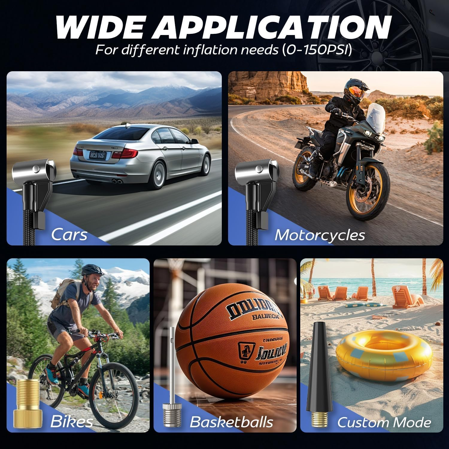 Cordless Tire Inflator Portable Air Compressor, 4000Mah 150PSI Portable Air Compressor Pump with LCD Display, LED Light & Tire Pressure Gauge for Car, Motorcycle, Bike, Ball image number 6