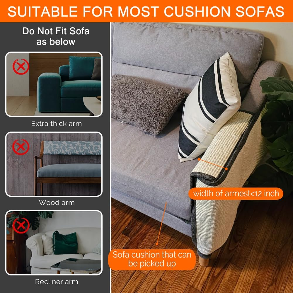 NATUYA Furniture Protectors from Cats-Cat Couch Protector Large Sisal Cat Scratching Mat-Protect Sofa Corner Cushion Chair (Sisal Armrest - Left) image number 3