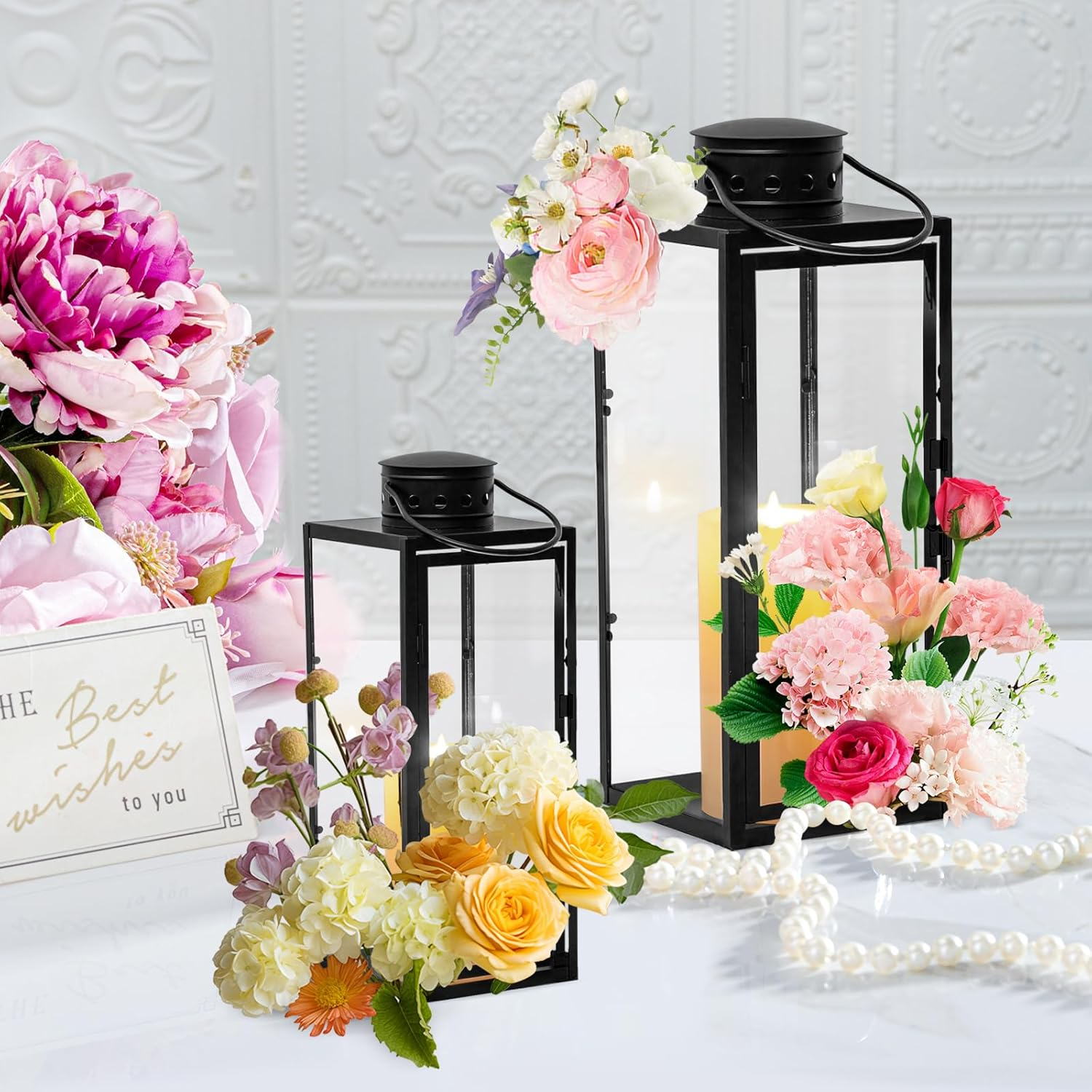 Lantern for Candles, Pack of 2, (24 + 35 Cm High) Garden Lantern, Metal Lanterns for Outdoor Use, Large Lanterns, Grave Lantern, Candle Lantern, Glass Lantern, Hanging Christmas Day Decoration, Black image number 4