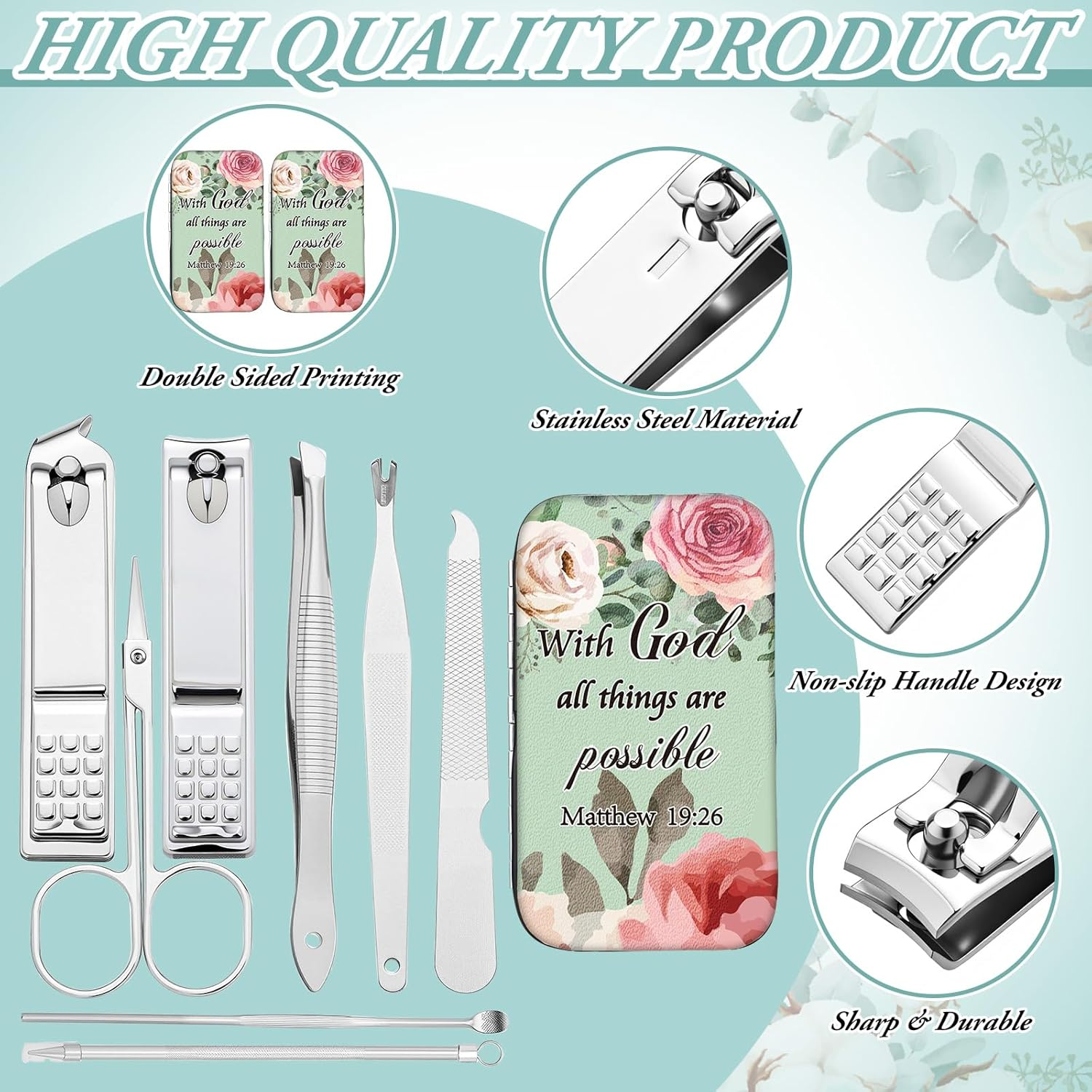 Lanties 10 Sets Christian Gifts for Women Bulk Bible Verse Scripture Manicure Sets Floral Stainless Steel Nail Clipper Set Religious Gift Personal Pedicure Kit for Employee Teacher Staff Women image number 3