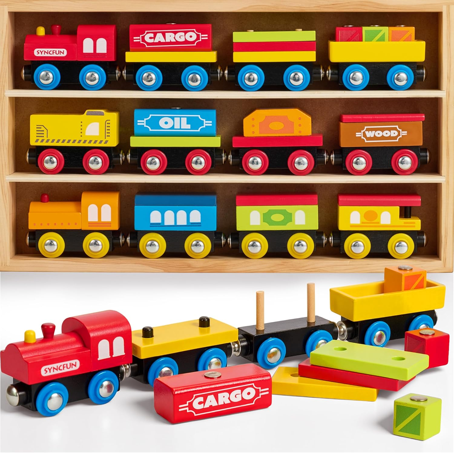 Montessori Wooden Train Toy Set for Kids, 12PCS Magnetic Train Cars with Storage Gift Box, STEM Educational Toy for Boys & Girls, Ages 2-8 Years, Christmas Birthday Party Gift image number 4
