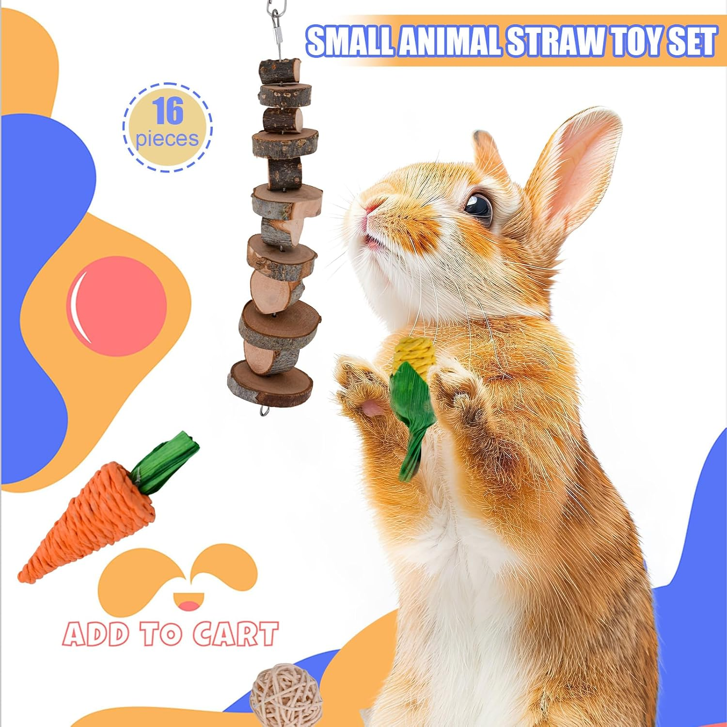 16Pcs Bunny Chew Toy, Rabbits Cage Hanging Chew Toys and Rattan for Guinea Pigs Chinchillas Hamsters Rats and Other Small Pets Teeth Grinding image number 1
