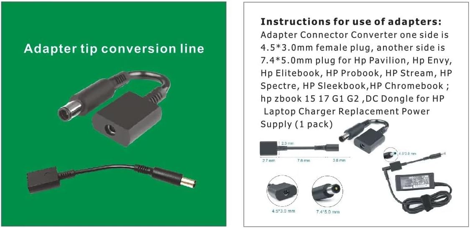 HP 4.5Mm to 7.4Mm Power DC Dongle, Connector Tip Converter Adapter, Fits HP Elitebook, Zbook 14 15 17 G1 G2 and More image number 1