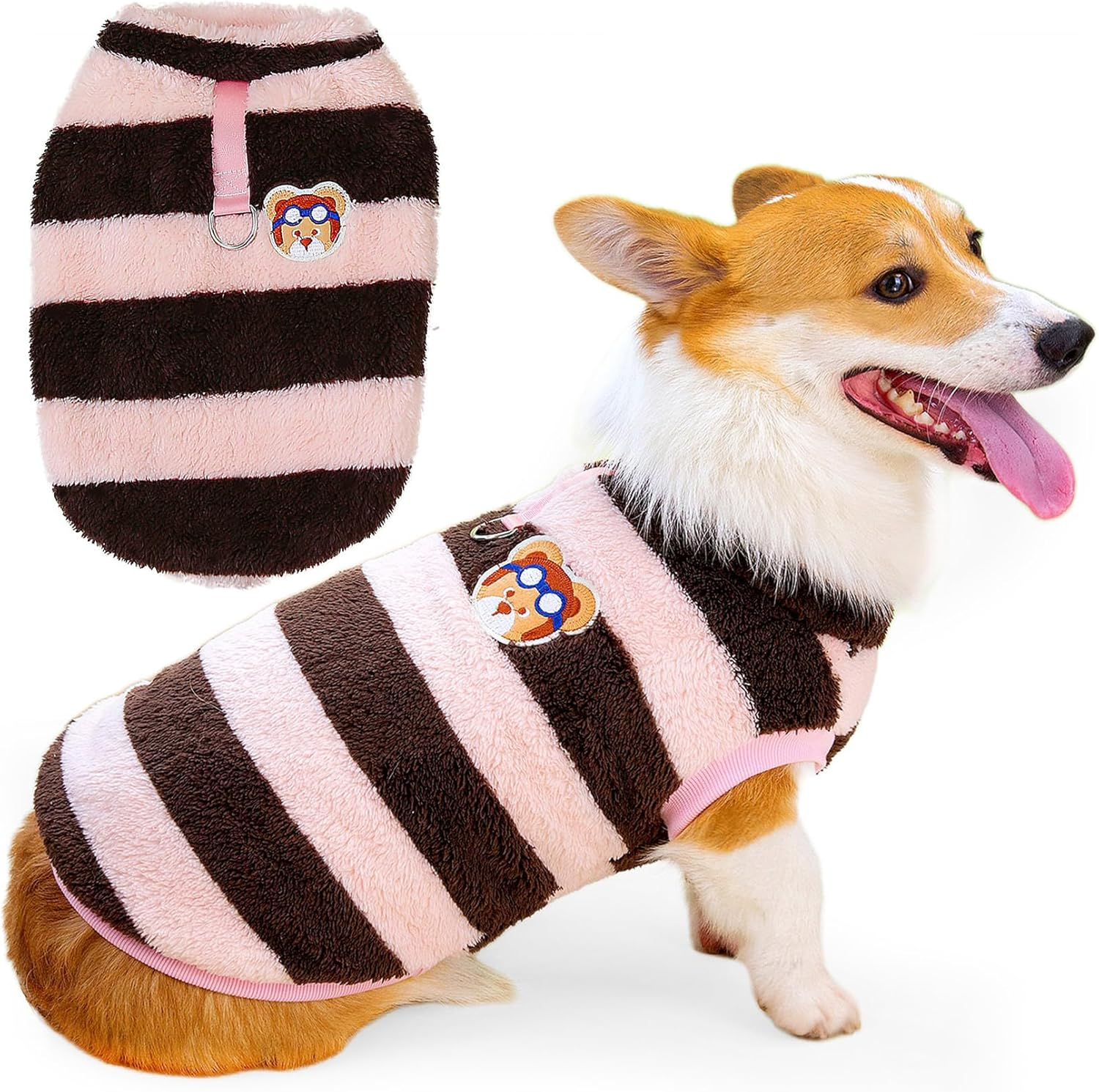 Zunea Striped Dog Sweaters Jumpers for Small Medium Dogs Corgi Warm Fleece Winter Jacket Coats with D-Ring Fuzzy Pullover Puppy Clothes Soft Warm Cold Weather Vest Pet Dachshund Apparel Pink S