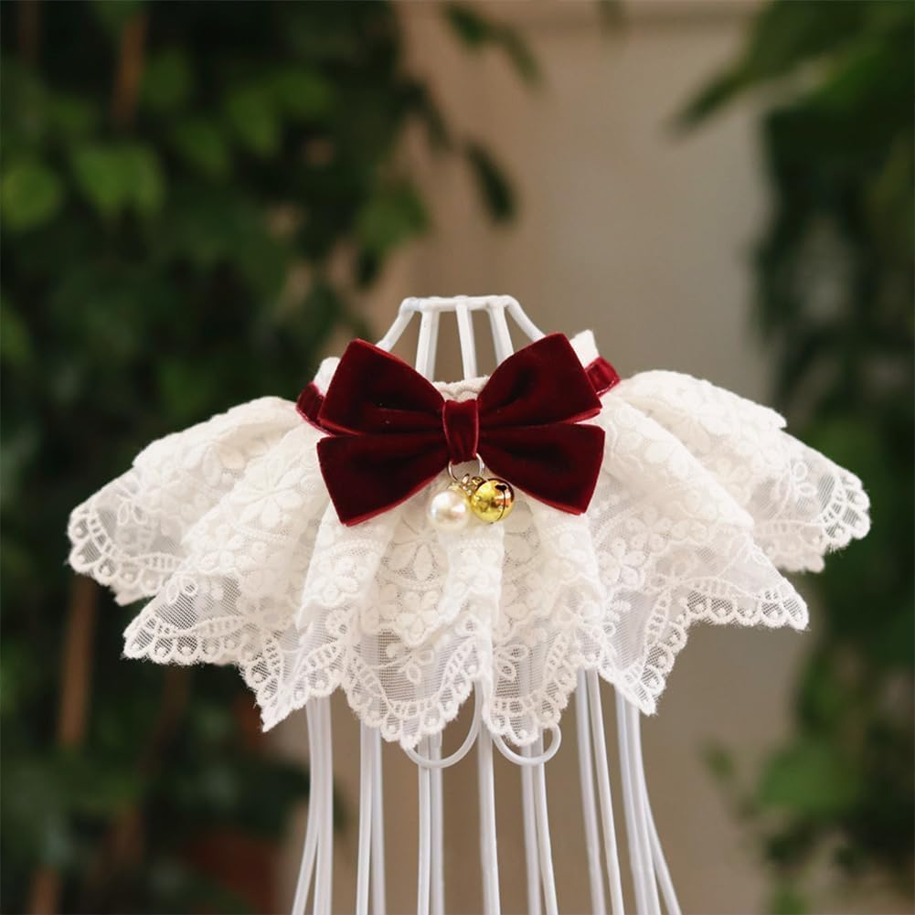 Pet Bib Laces Collar, Adjustable Strap Vintage Bowknot Bibs Collar Cute White Lace Dog Cats Bib Scarf Pet Costume for Cats Dogs Dress up Accessories (Dark Red, L(30Cm)) image number 5
