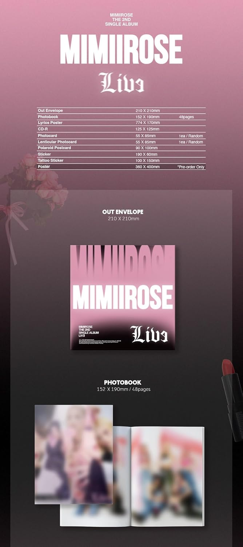 Mimiirose Live 2Nd Single Album Cd+48P Photobook+1P Lyrics Poster on Pack+1P Photocard+1P Lenticular Photocard+1P Polaroid Postcard+1Ea Sticker+1Ea Tattoo Sticker+Tracking Sealed image number 1