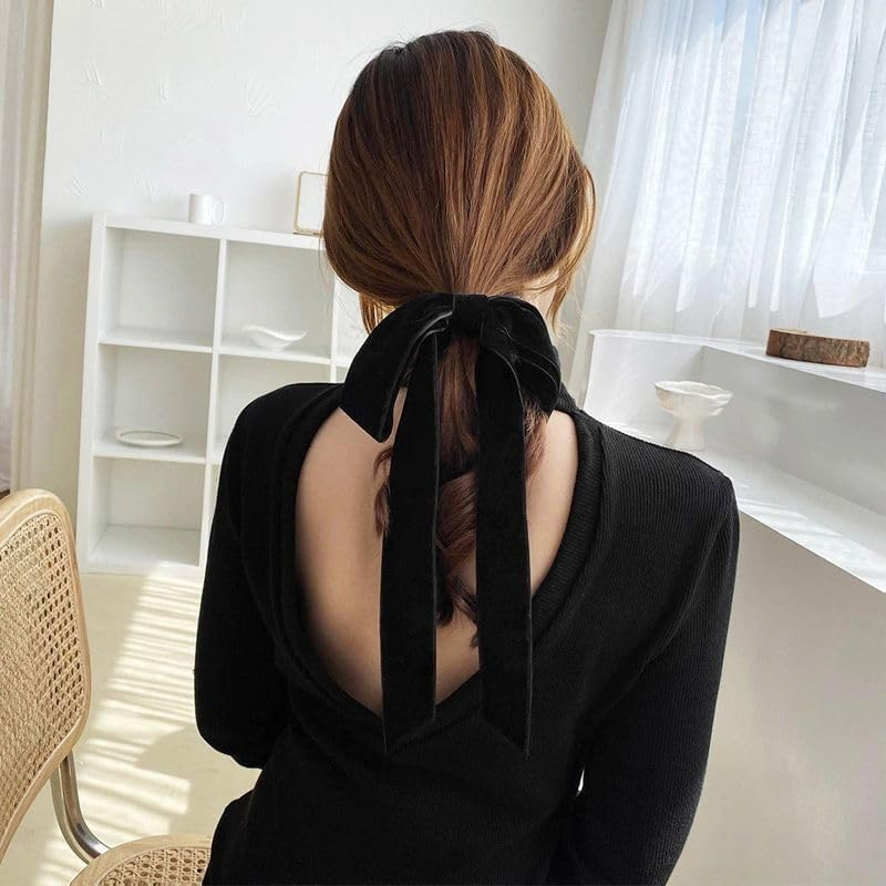 Black Velver Hair Bow Ties for Women Girls Bowknot Hair Scrunchies with Ribbons for Women Elastic Hair Bows Ribbon Ponytail Holder Accessories Bowknots Hair Tie Bows Scrunchie image number 1
