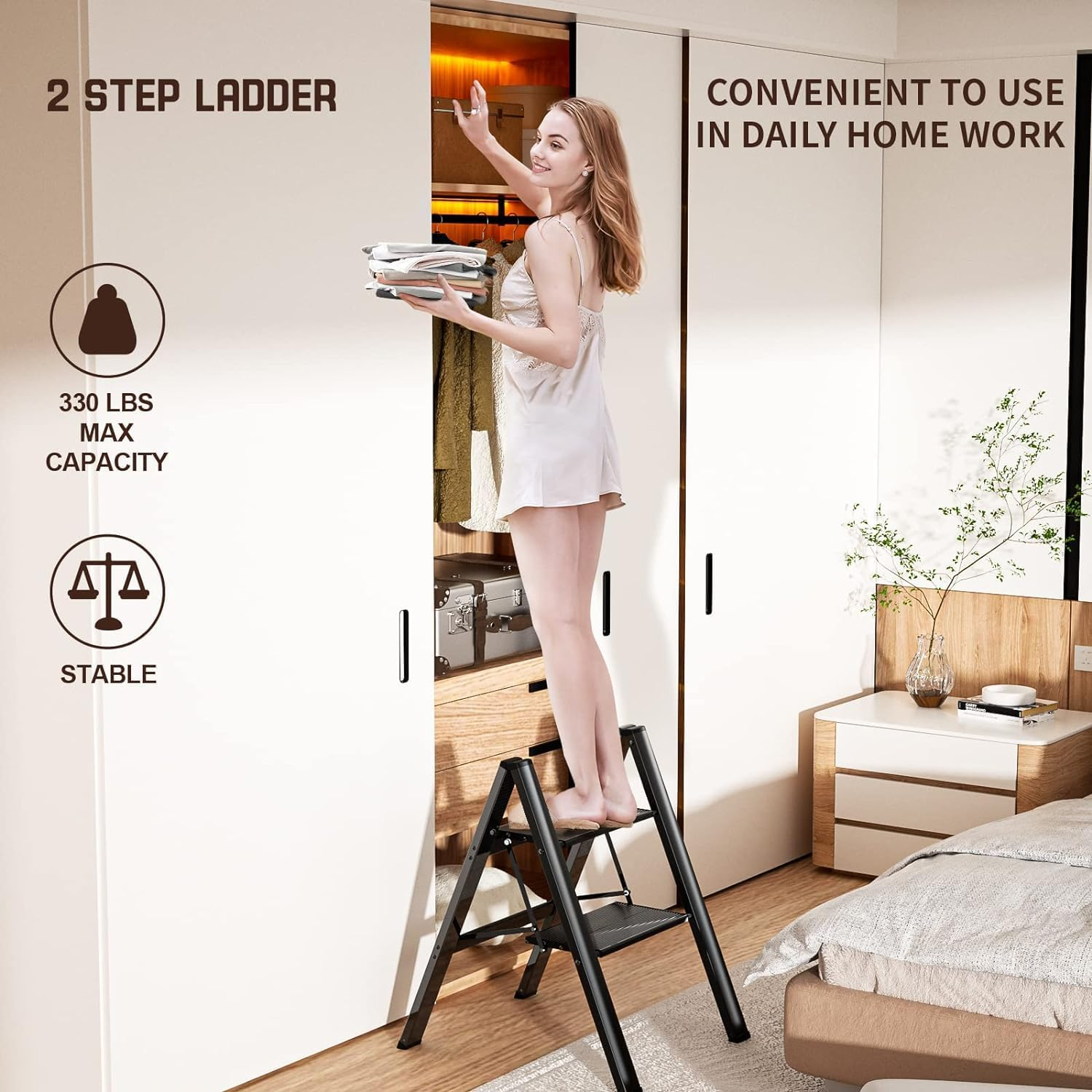 Step Ladder Folding 2 Step Stool Aluminium Anti-Slip Wide Pedal Portable Stepladder Storage Shelf Rack Home Kitchen Lightweight Ladders,Black image number 2