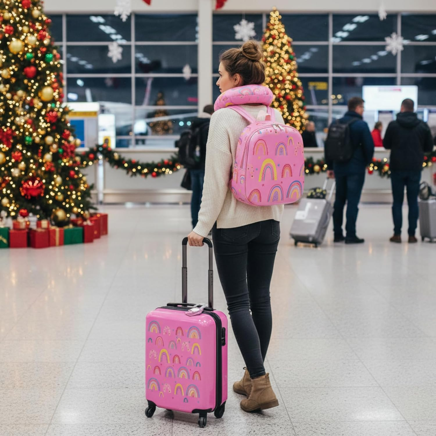 Sanwuta 4 Pcs Kids Luggage Set Kids Backpack Travel Rolling Suitcase with Wheels U-Shape Pillow Childrens Gift for Girls Boys, Rainbow Pink, 17 Inch, Rainbow Style image number 5