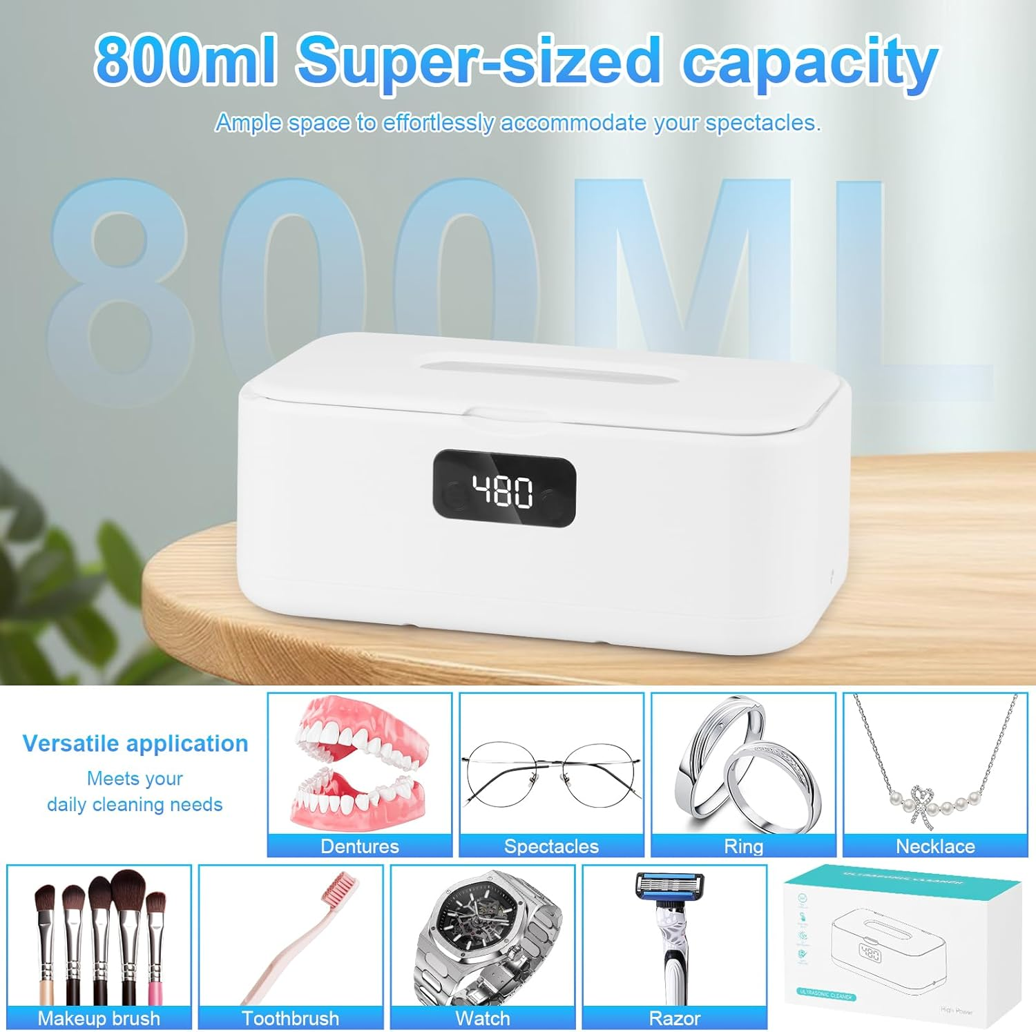 800 Ml Ultrasonic Cleaning Device, 49000Hz U-V Ultrasonic Cleaner with 5 Timer Modes - Glasses Cleaning Device for Deep Cleaning of Jewellery, Glasses, Braces, Prostheses, Coins and Razor Heads-1 image number 4