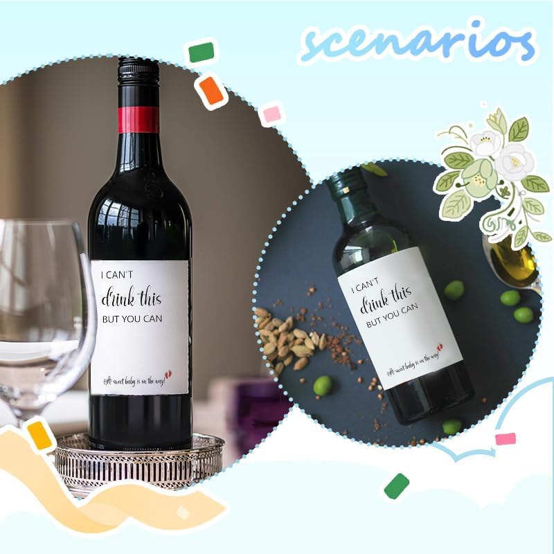 I Can'T Drink This but You Can Pregnancy Announcement Wine Labels Funny Baby Announcement Gifts for Family New Dad Grandparetns Friends Wine Bottle Stickers (Set of 6) image number 4