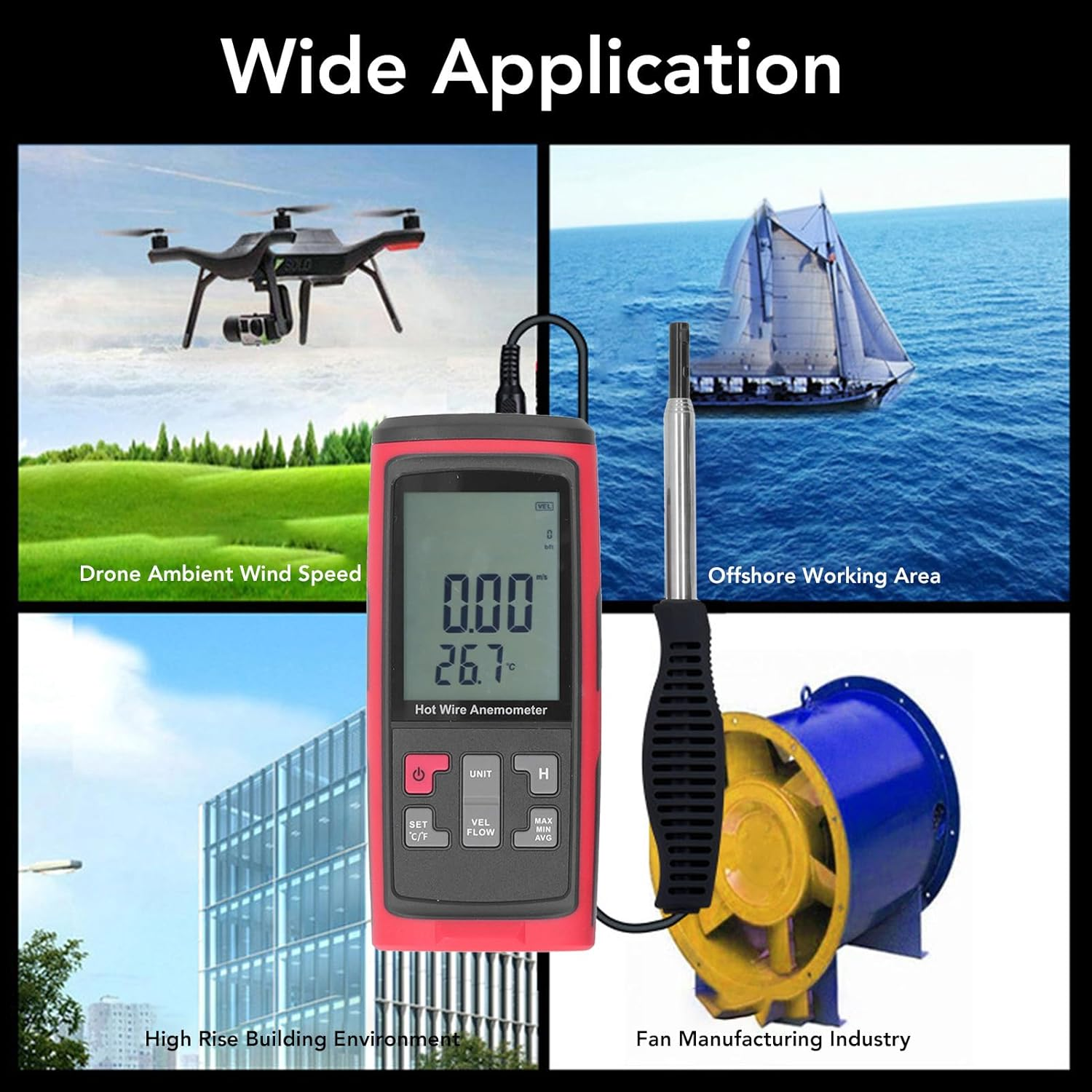 Asixxsix Digital Anemometer, Handheld Wind Speed Meter with Extended Wind Sensor & Temperature Humidity Display, Measures Speed Temperature and Humidity image number 2