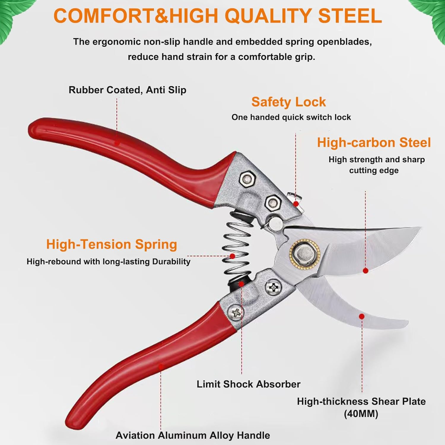 5 Pack Garden Shears Set with High-Carbon Steel Sharp Pruning Shears, Straight Fruit Picking Scissors and Serrated Electrican Scissors, Gardening Gloves & a Storage Bag