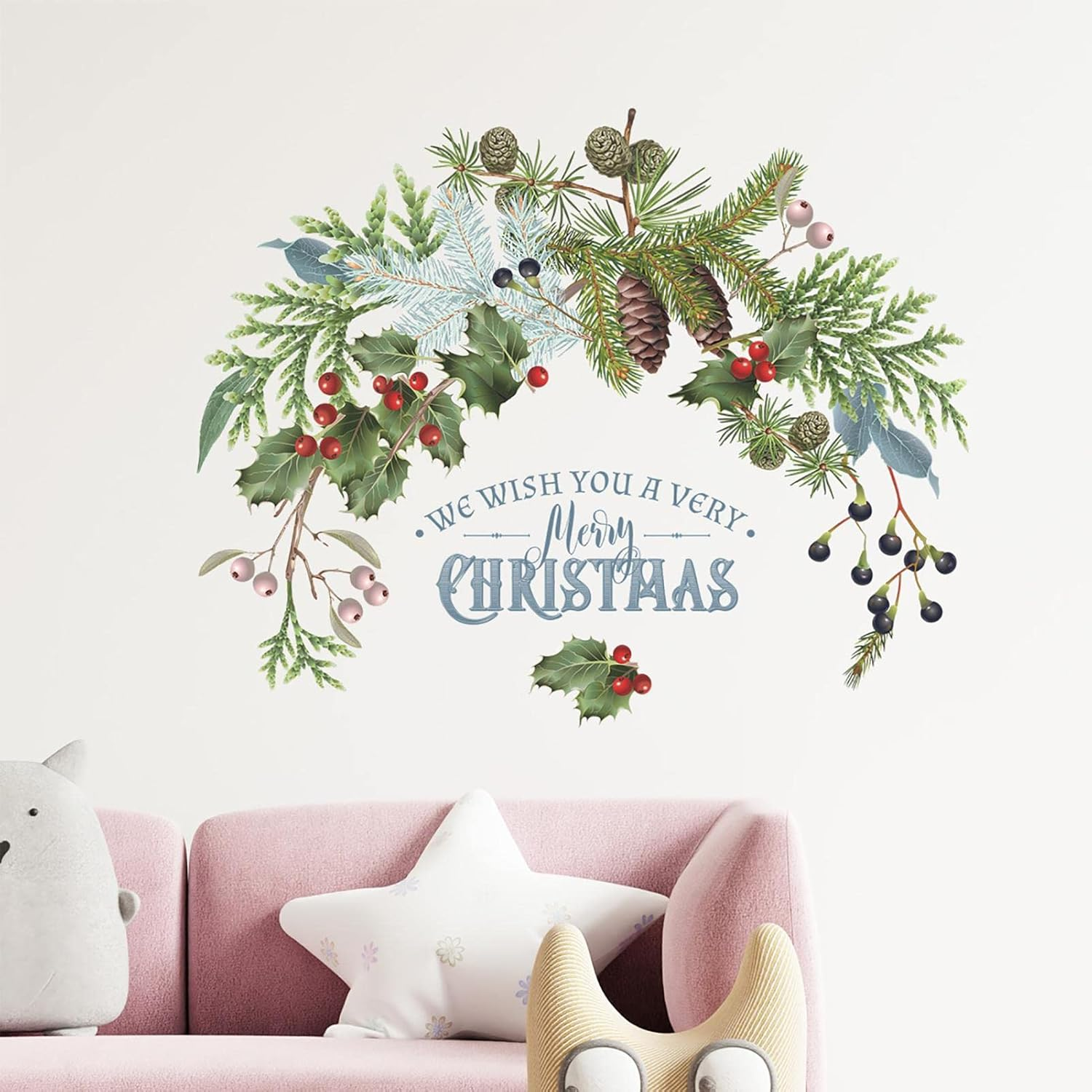 Christmas Wall Stickers, Green Plant Wall Decals, for Walls, Glass, Wood, Doors, Reusable, Glossy Finish, Natural Style, Rectangular Shape, Indoor Use, Christmas Decal