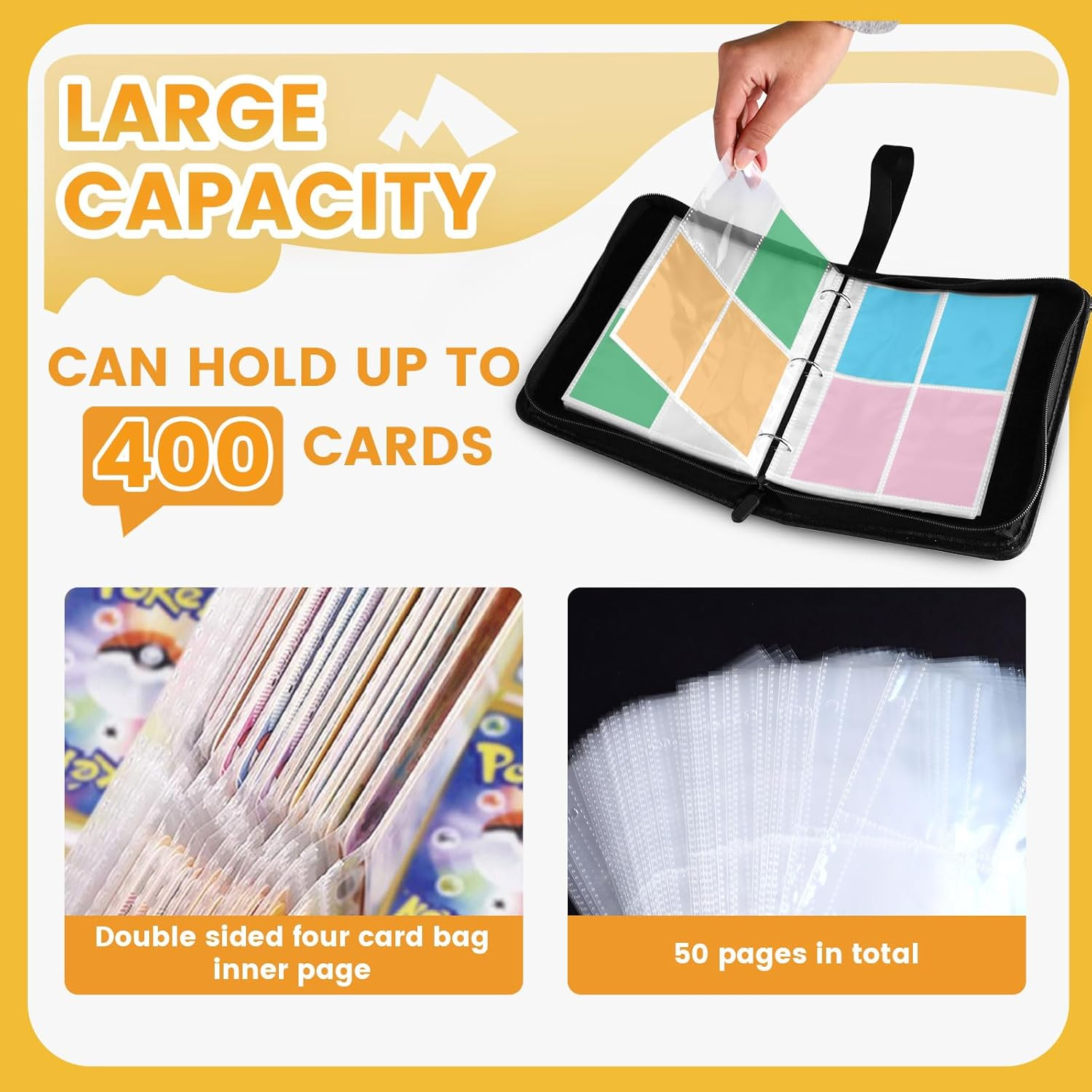 Yitexin Card Binder Case with 400 Pockets, Large Capacity Card Collection Binder with 50 Removable Sleeves, Portable Zipper Collectible Trading Card Albums with Hand Strap for Travel Game (Black)