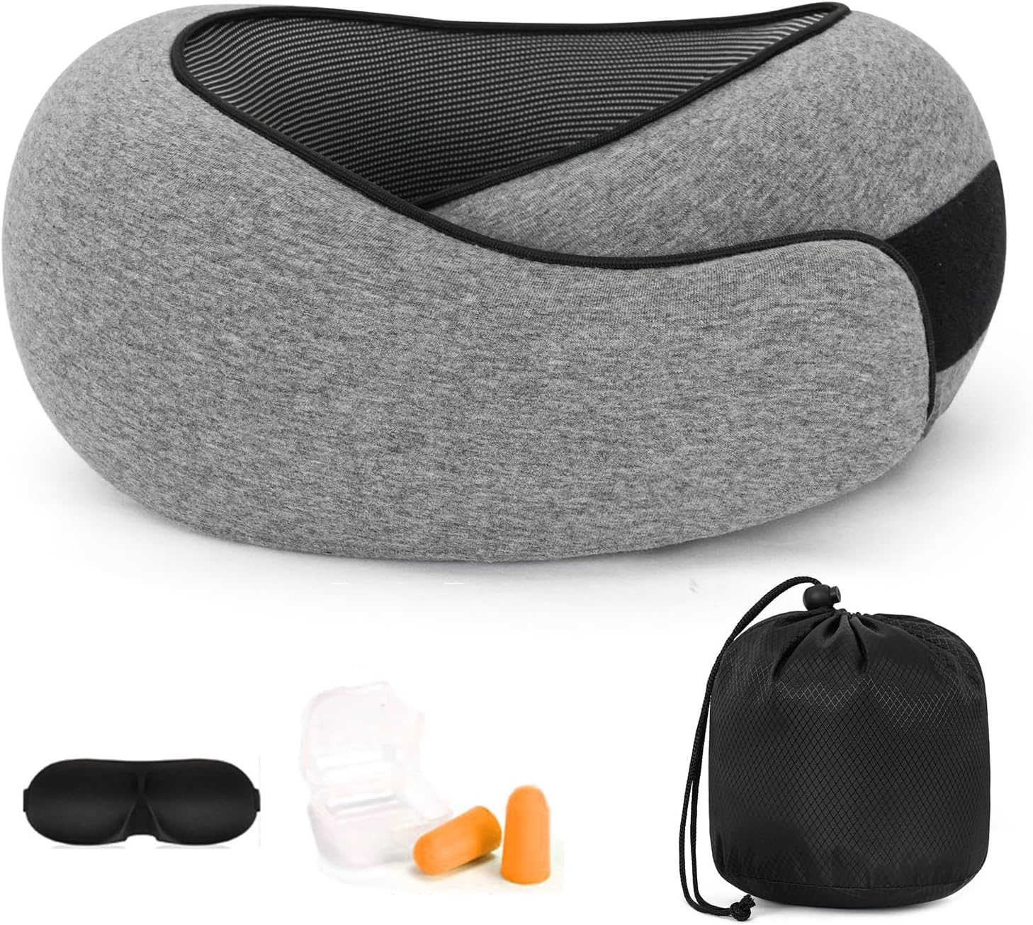 Travel Neck Pillow, Memory Foam Travel Neck Pillow for Airplanes, 360&deg; Support Stowable Pillows for Sleeping, Airplane Travel Kit with 3D Contoured Eye Masks, Earplugs, and Storage Bag (Grey)