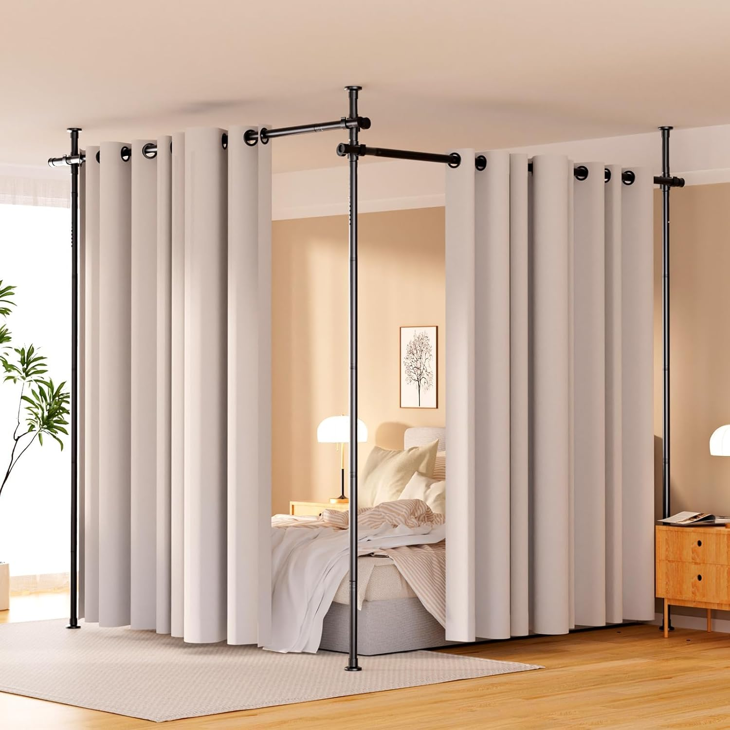 Koreal Room Divider, Curtain Rods No Drilling, 121-304Cm Height and 71-290Cm Width Adjustable Tension Rod, Tension Curtain Rod for Space Partition,Room Partition Privacy Separator, Black,No Curtains image number 4
