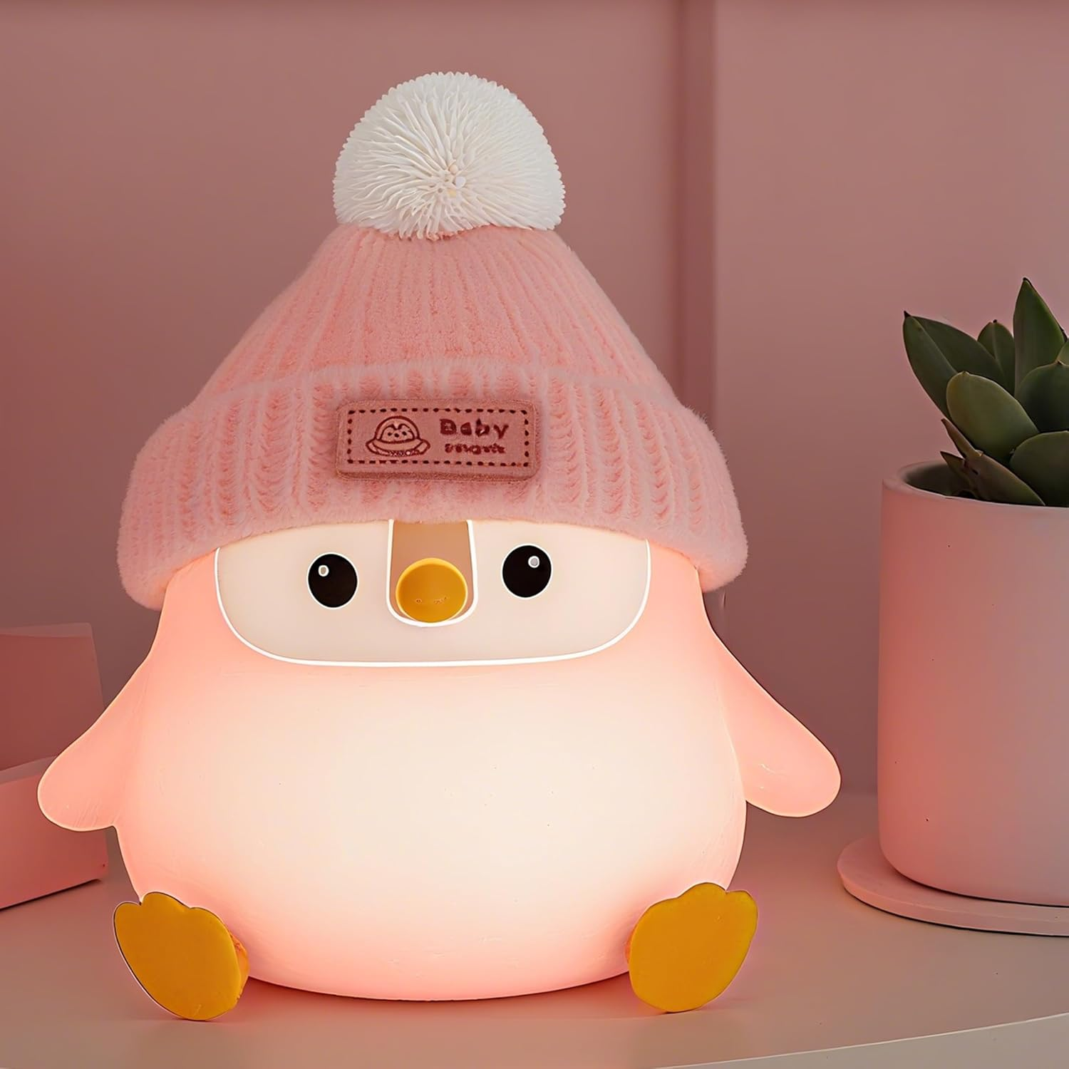 FAMIDUO Penguin Silicone Night Light, Cute Pink Penguin Lamp with Knitted Hat, Soft Nursery Nightlight, USB Rechargeable/Dimmable,Led Squishy Novelty Animal Bedside Lamp,Funny Gifts for Kids/Girls