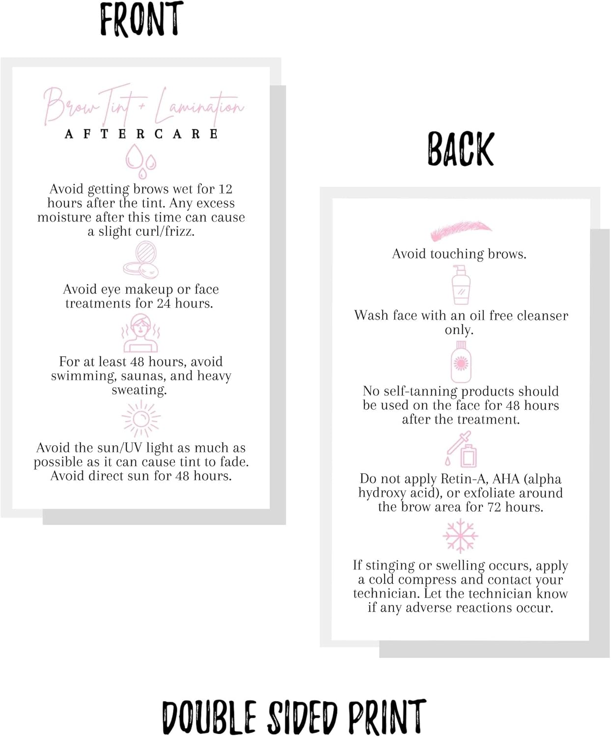 Brow Tint and Lamination Aftercare Instruction Cards | 50 Pack | Pink Minimalist Simple for Kit Henna Client Cards Eyebrow Kit Handout with Intake Forms Business Card 2X3.5&rdquo; Each image number 3