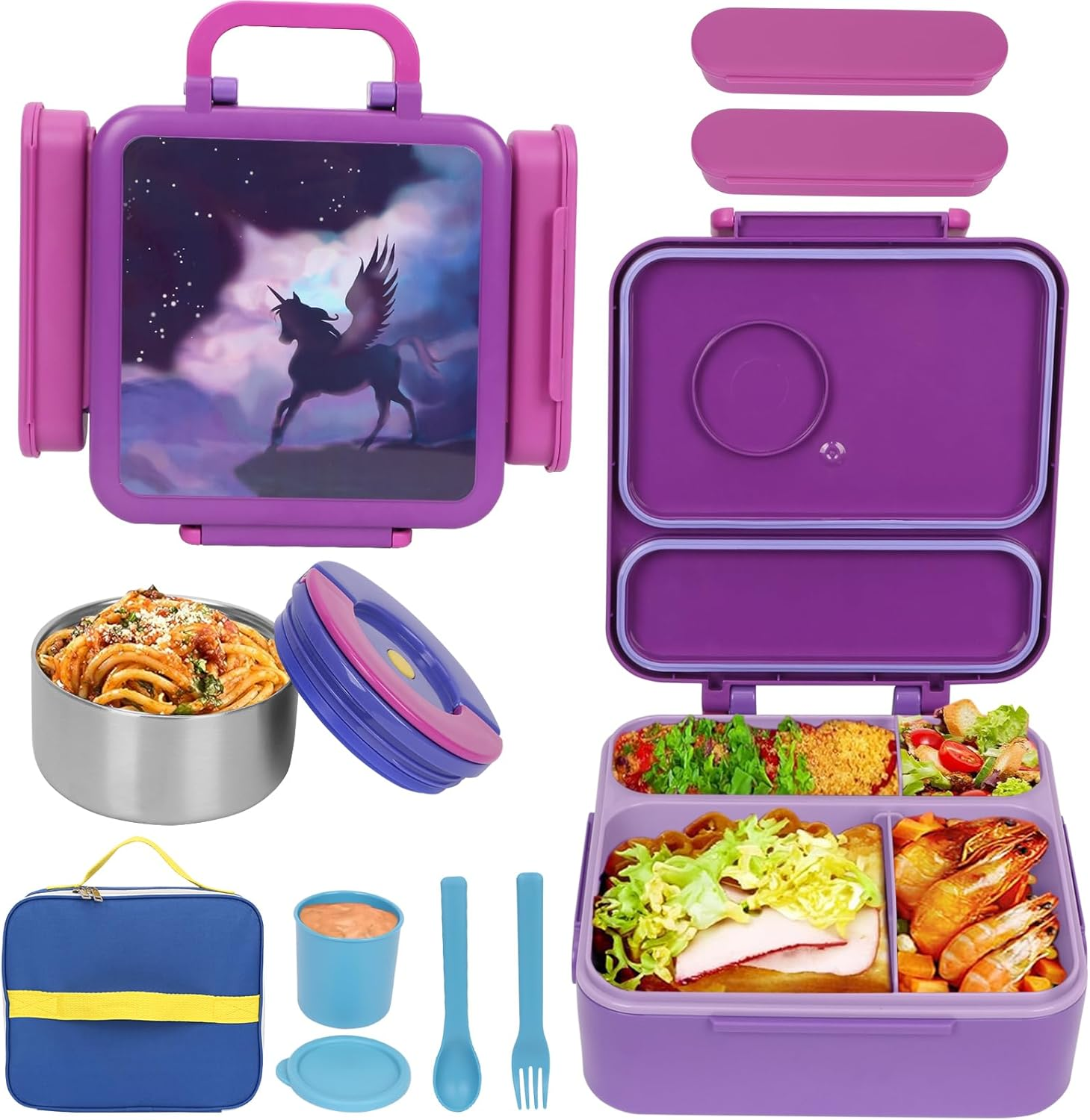 Bento Box for Kids & Adults, Insulated Leak-Proof Lunch Box with Insulated Food Jar for Hot Food, 4-Compartments Lunch Container with Cutlery and Snack Box for School Outdoors Office (Purple) image number 4