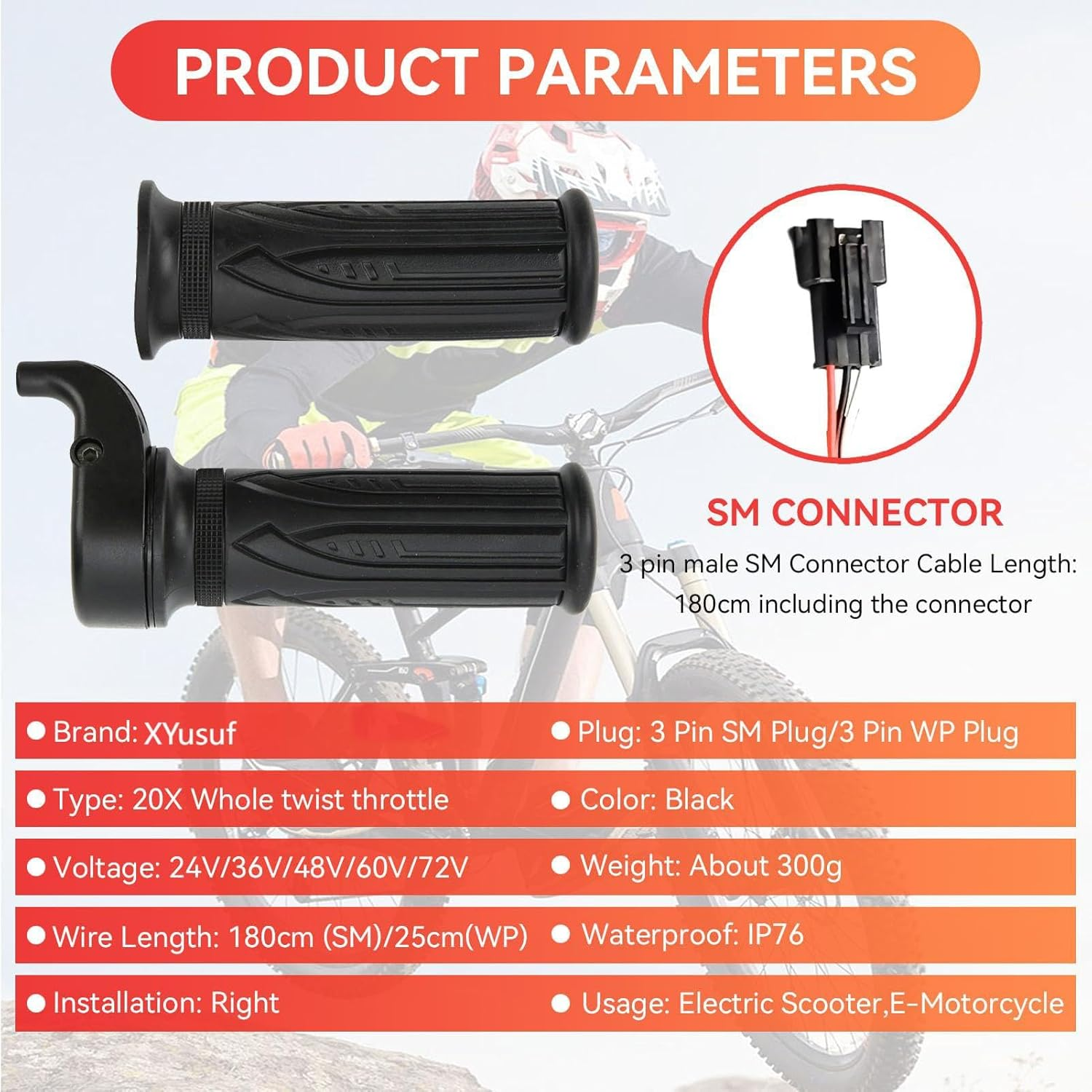 Electric Bike Accessories, 20X Full Twist Throttle,Ebike Parts for 12V 24V 36V 48V 52V 60V 72V, Right Hand Mount, 3PIN SM Plug 1Pack Black image number 1