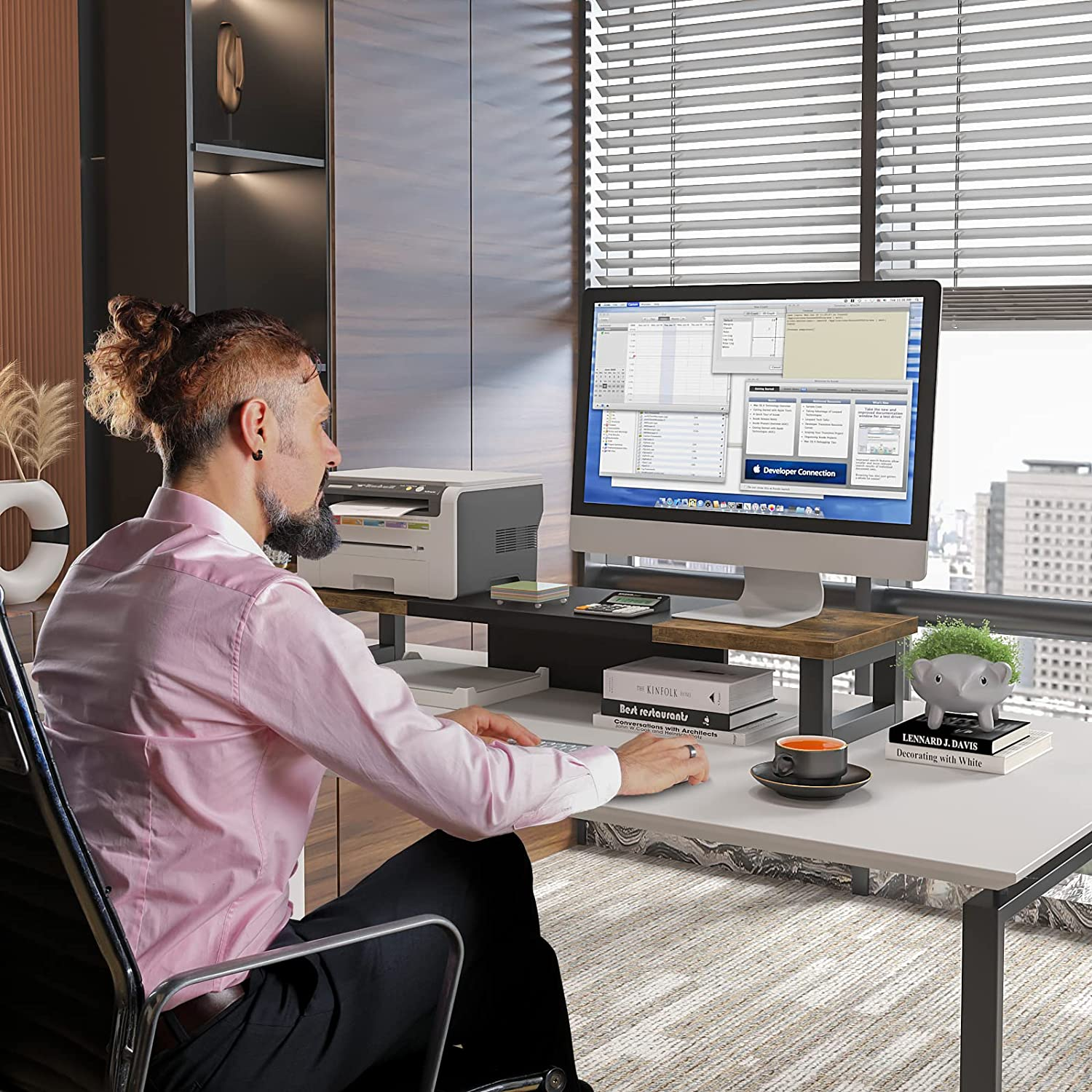 WESTREE Dual Monitor Stand Riser, Wood and Steel Monitor Stand Riser, Computer Monitor Stand for 2 Monitors, Multi-Purpose Desktop Storage Stand for Computer,Laptop,Printer,Tv image number 5