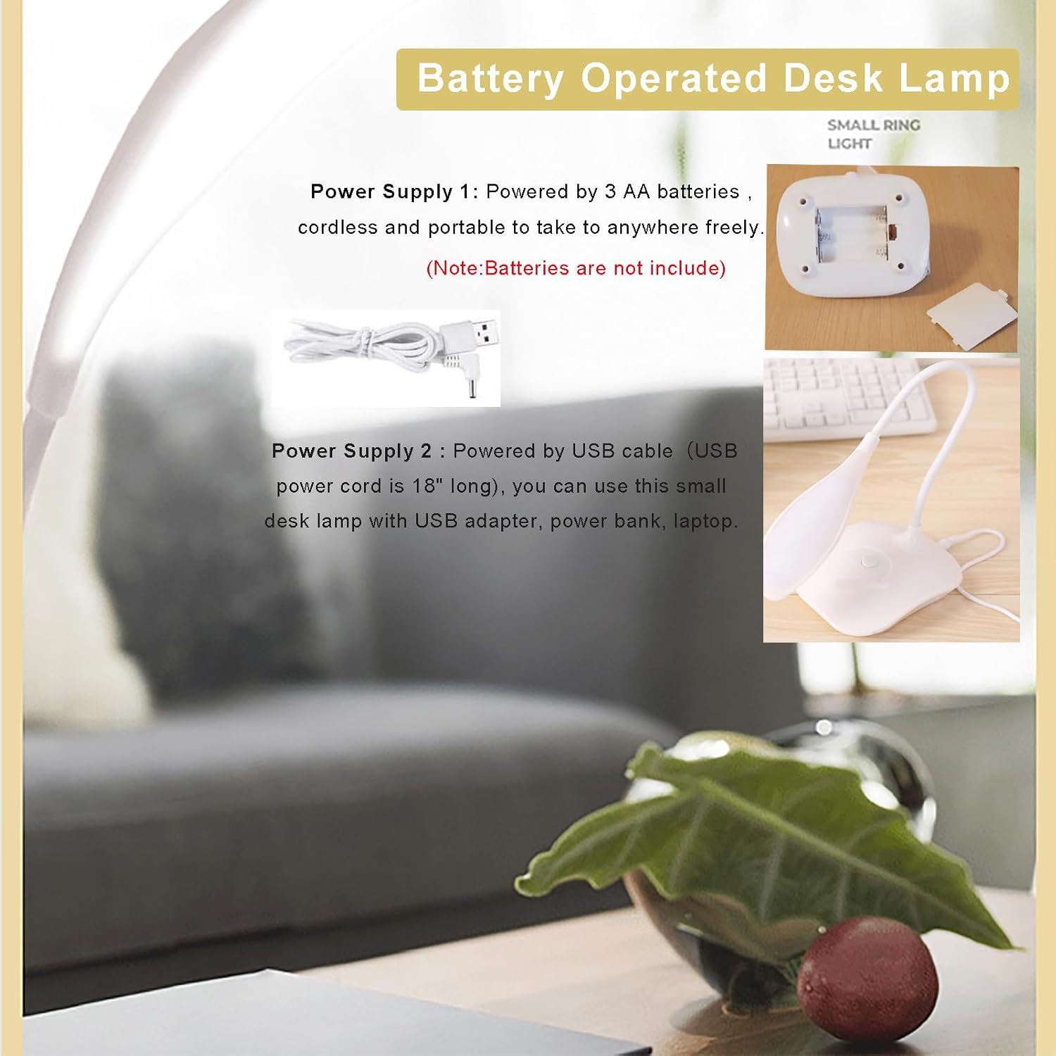 Jieruideng LED Desk Lamp USB Cable and 3 AA Batteries Operated- Flexible Gooseneck, Eye Caring, Bright Reading Light for Study Dorm Office (1) image number 3