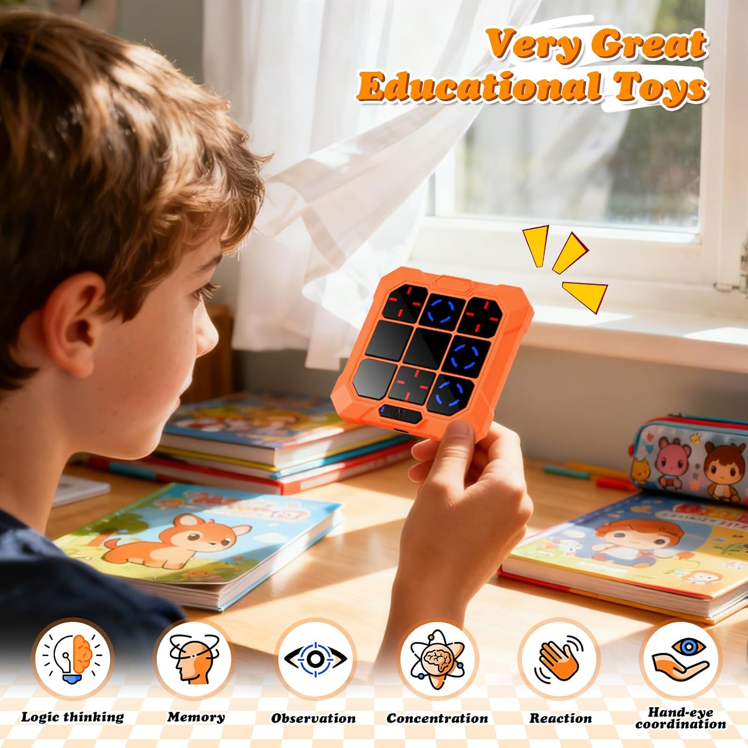 Blueswan 6 in 1 Tic-Tac-Toe Handheld Game, Rechargeable Memory & Brain Puzzle Games Console, Electronic Board Games Fidget Toys for Kids Ages 4-12, Portable Travel Activities Queue Time