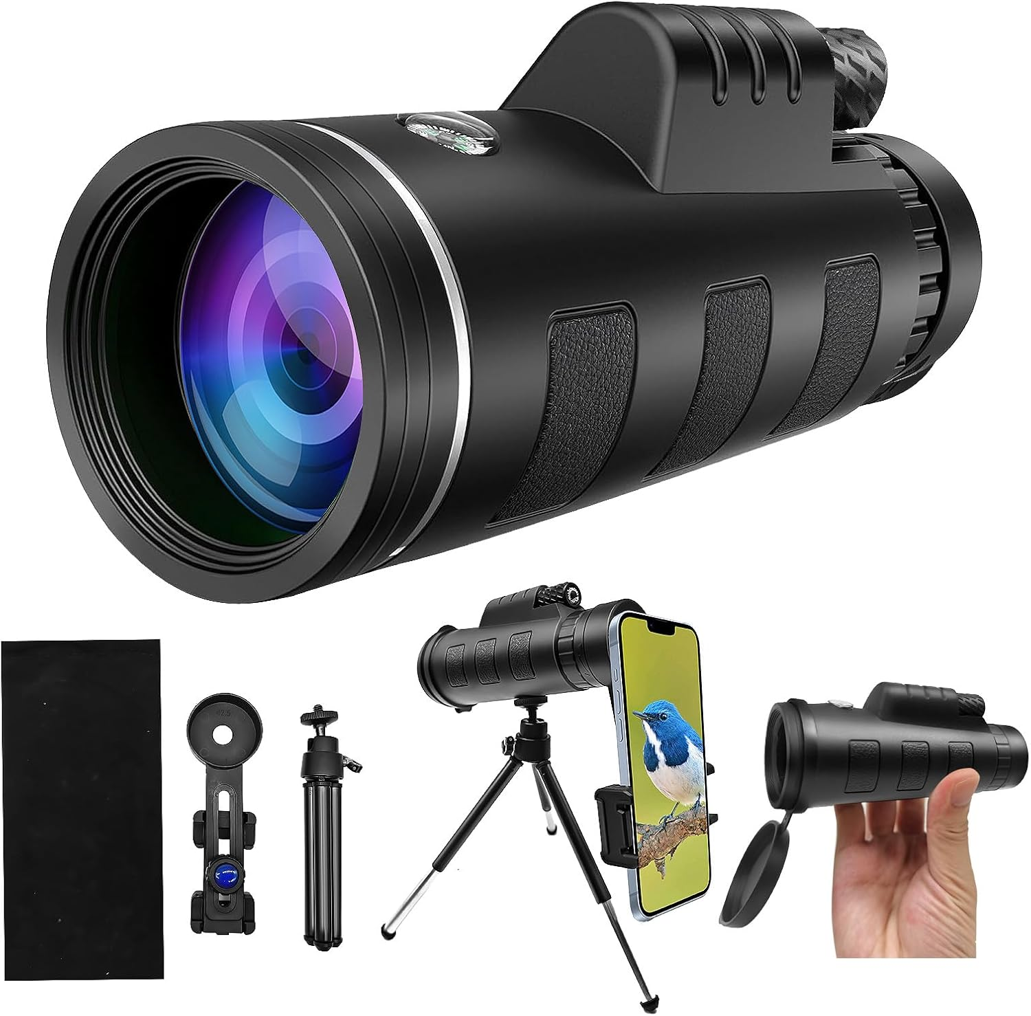 Monocular Telescope for Adults,12X50 HD Large Vision Monoculars with Smartphone Adapter Tripod,High Powered Monocular for Bird Watching Hunting Hiking Camping Wildlife,Bak4 Prism FMC Lens,Waterproof image number 3