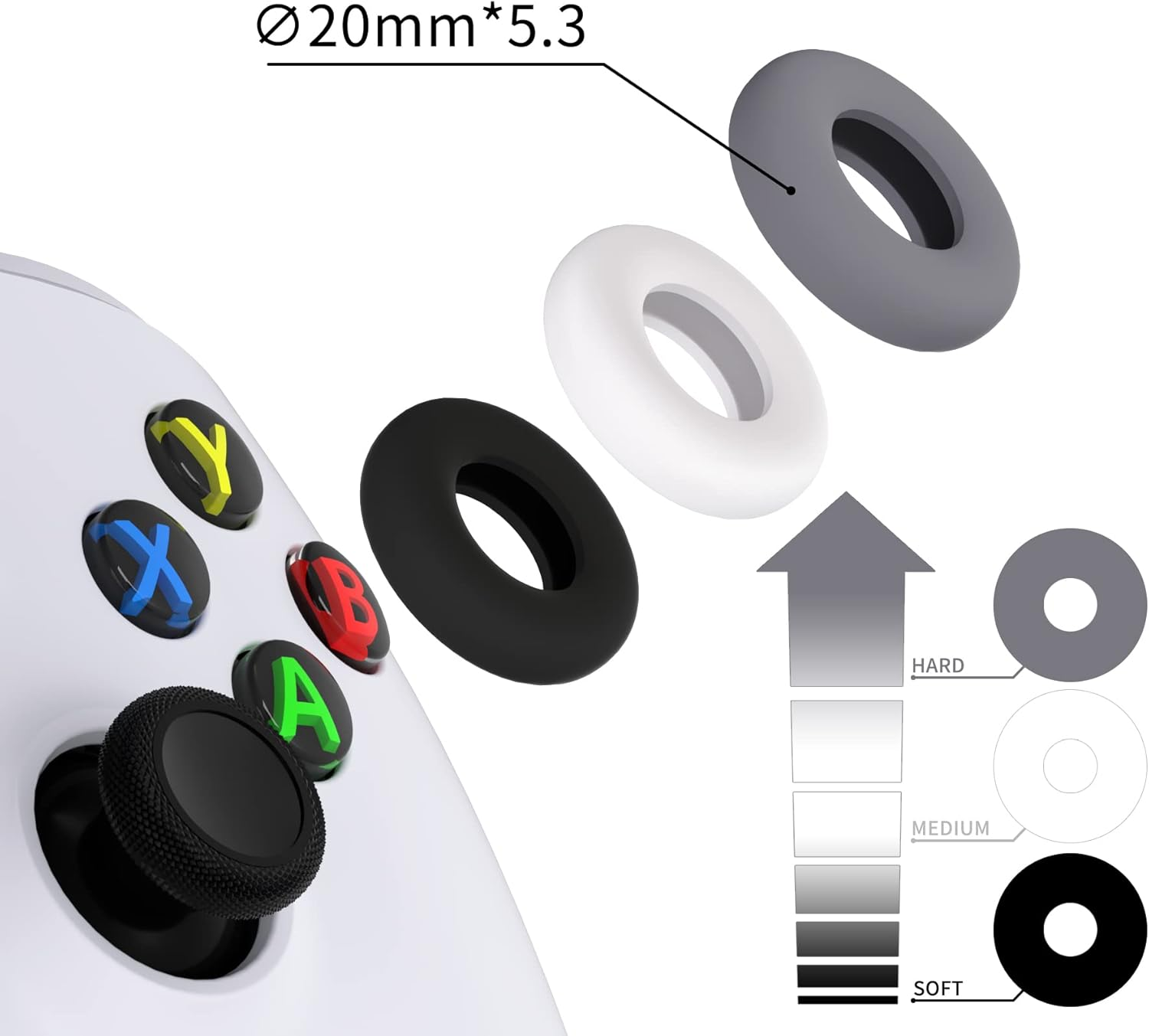 Playvital 3 Pairs Silicone Aim Assist Target Motion Control Precision Rings for PS5, for PS4, for Xbox Series X/S, Xbox One, Xbox 360, for Switch Pro, for Steam Deck - Gray & Black & White - Eva Foam Material image number 7