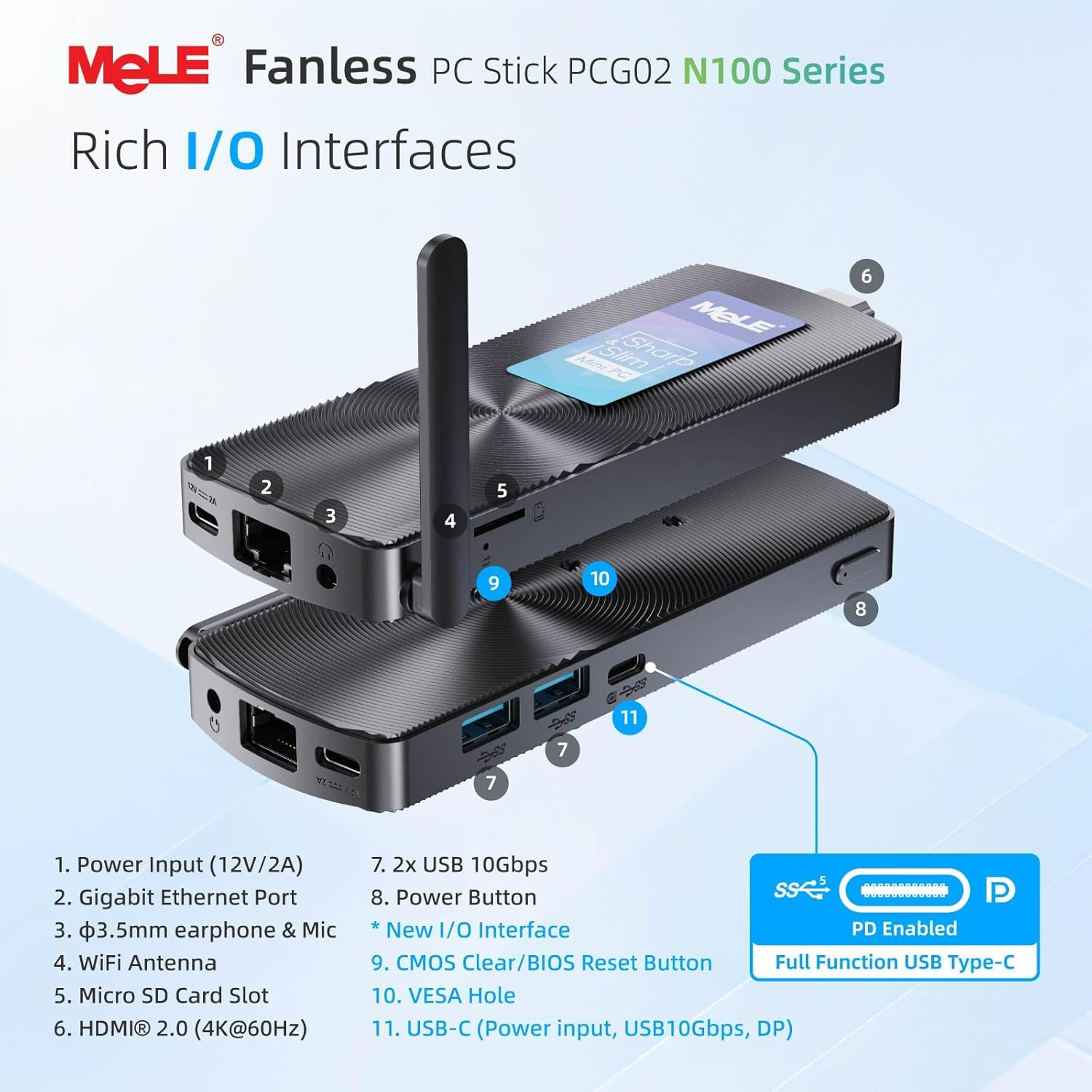 Mele PCG02 N100 Slim Mini PC Stick Windows 11 Home 4GB/128GB, Full Function USB-C Fanless Mini Computer Stick 2X HDMI 4K Display 2.4/5G Wifi BT5.1 Gbe Micro PC with Vesa, on Office Iot Digital Signage image number 3