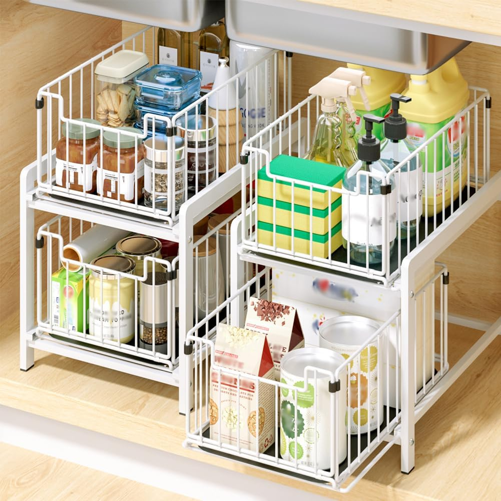 Yunnasi under Sink Storage 2-Tier Pull Out Sliding Basket for Cabinet Kitchen Cupboard Organiser Detachable Metal Storage Rack for Bathroom (Regular, Whitewhite) - Blackblack image number 3