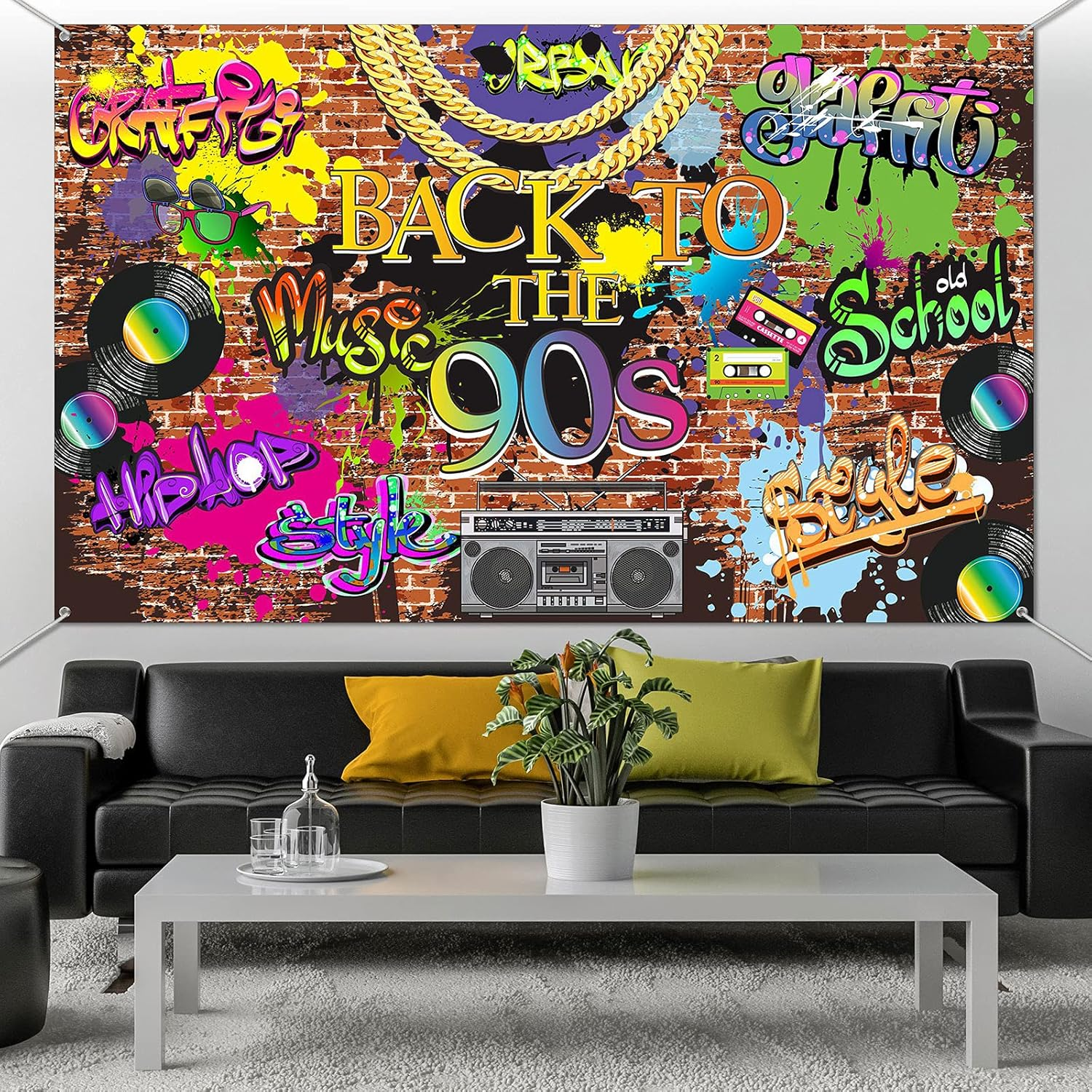 90'S Backdrop Hip Hop Graffiti 90S Party Decorations 5.9 X 3.6 Ft Back to the 90'S Themed Party Banner Brick Wall Retro Radio Photography Background Vinyl Fabric Wall Table Decors Photo Booth Props image number 1
