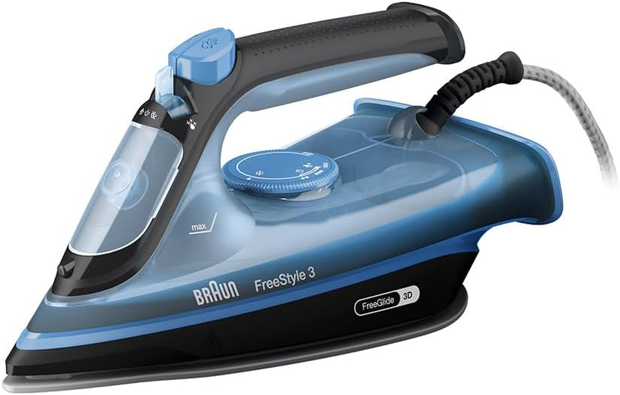 Braun Freestyle 3 FI3194BK, Steam Iron with Precision Tip, Freeglide 3D Technology, 200 G/Min, Superceramic Plate, Auto Shut-Off, 270 Ml Tank, 2400W, Black/Blue