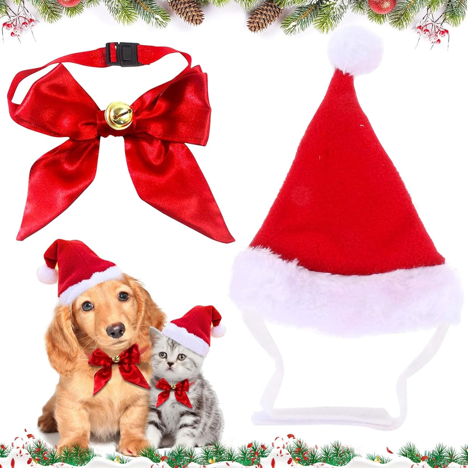 Pack of 2 Christmas Dog Costume, Dog Christmas Hat, Christmas Hats for Cats, Collar Christmas Costume Accessory Set, Adjustable Size Pet Hat for Cats, Puppies, Small Dogs image number 1