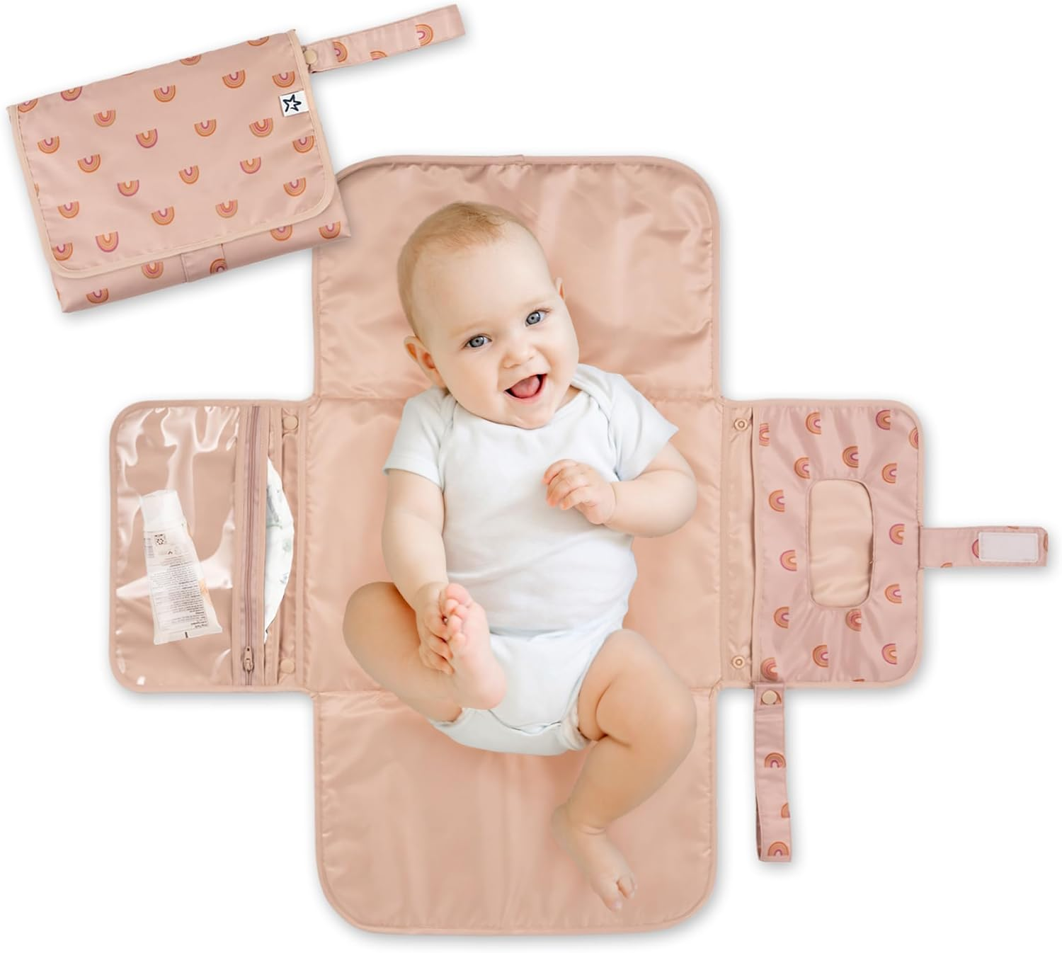 Tiny Twinkle Portable Diaper Changing Pad - Foldable Waterproof Diaper Changing Mat for Travel, Baby Changing Station with Smart Wipes Pocket & Storage (Beige Checkers)