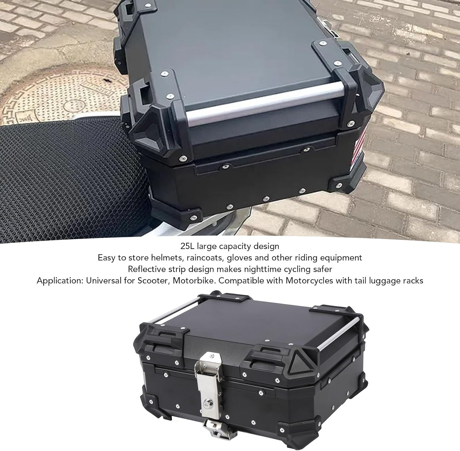 25L Motorcycle Top Case Tail Box, Aluminum Alloy Water Proof Universal Trunk Storage Case, Motorbike Rear Top Box with Safety Lock & Shockproof Lining (Black) - Silver image number 2