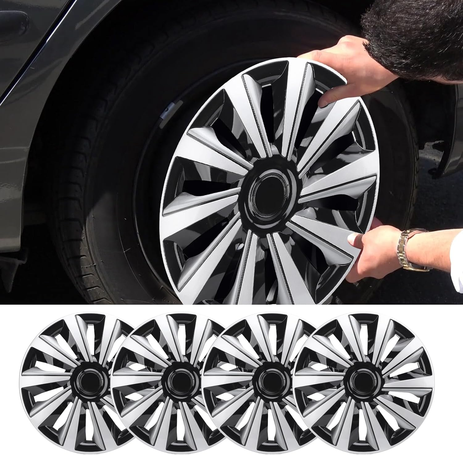 Hubcaps, Set of 4, 15In Hubcap Wheel Cover Wheel Rim Cover Replacement for Seat for Clio for 208 for 500 for V40, Snap On, Scratch Proof, Easy to Install, Automotive Hub Cap image number 3