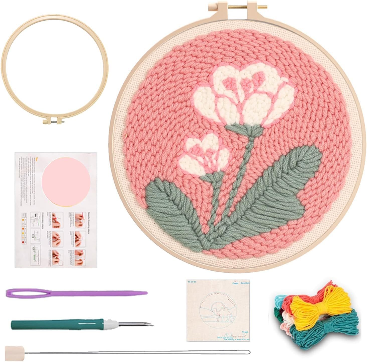 Punch Needle Embroidery Starter Kits for Kids and Adults Beginners, Include Instructions, Punch Needle Fabric with Floral Pattern,Punch Needle Tool with Pre-Print Fabric，Hoops, Yarns（Flower） image number 2
