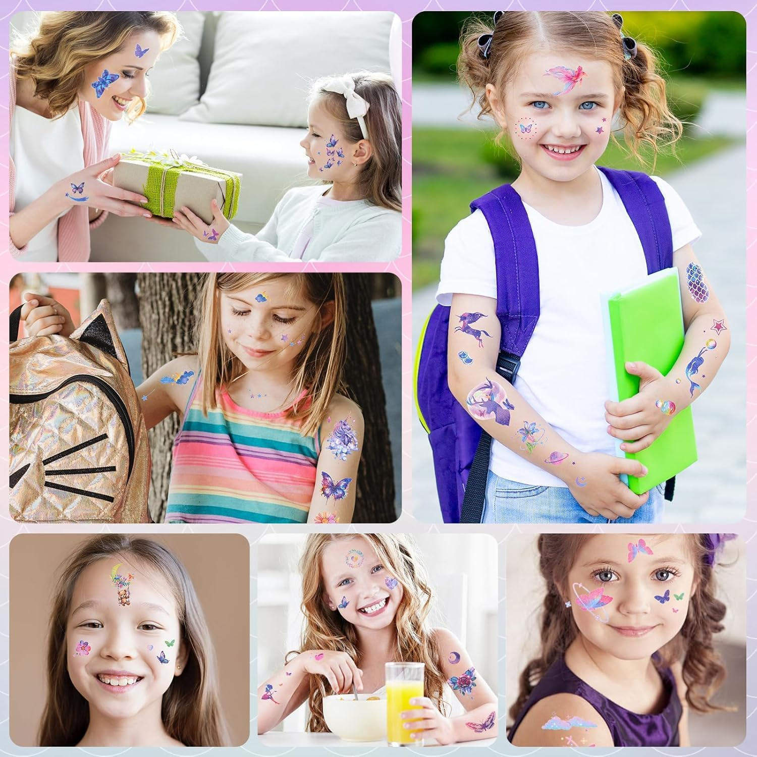 Chengruiy Glitter Temporary Tattoos for Girls, 12 Sheets of Mixed Butterfly, Fairy, Mermaid Tattoo Stickers for Kids, Waterproof Fake Tattoos for Birthday Party Favors and Supplies