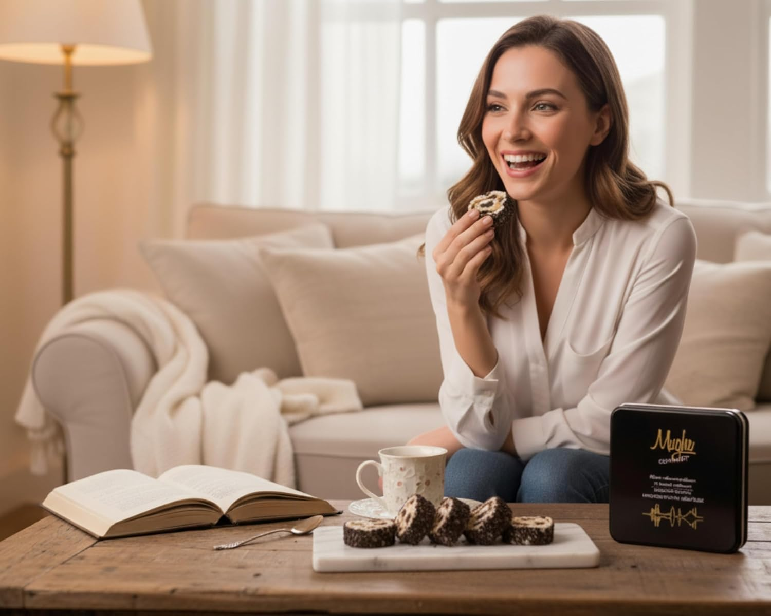 Mughe Gourmet Cocoa Cream Turkish Delight 350G Gift Metal Box with Chocolate Cookie Crumble Filling - Premium Rolled Lokum image number 5