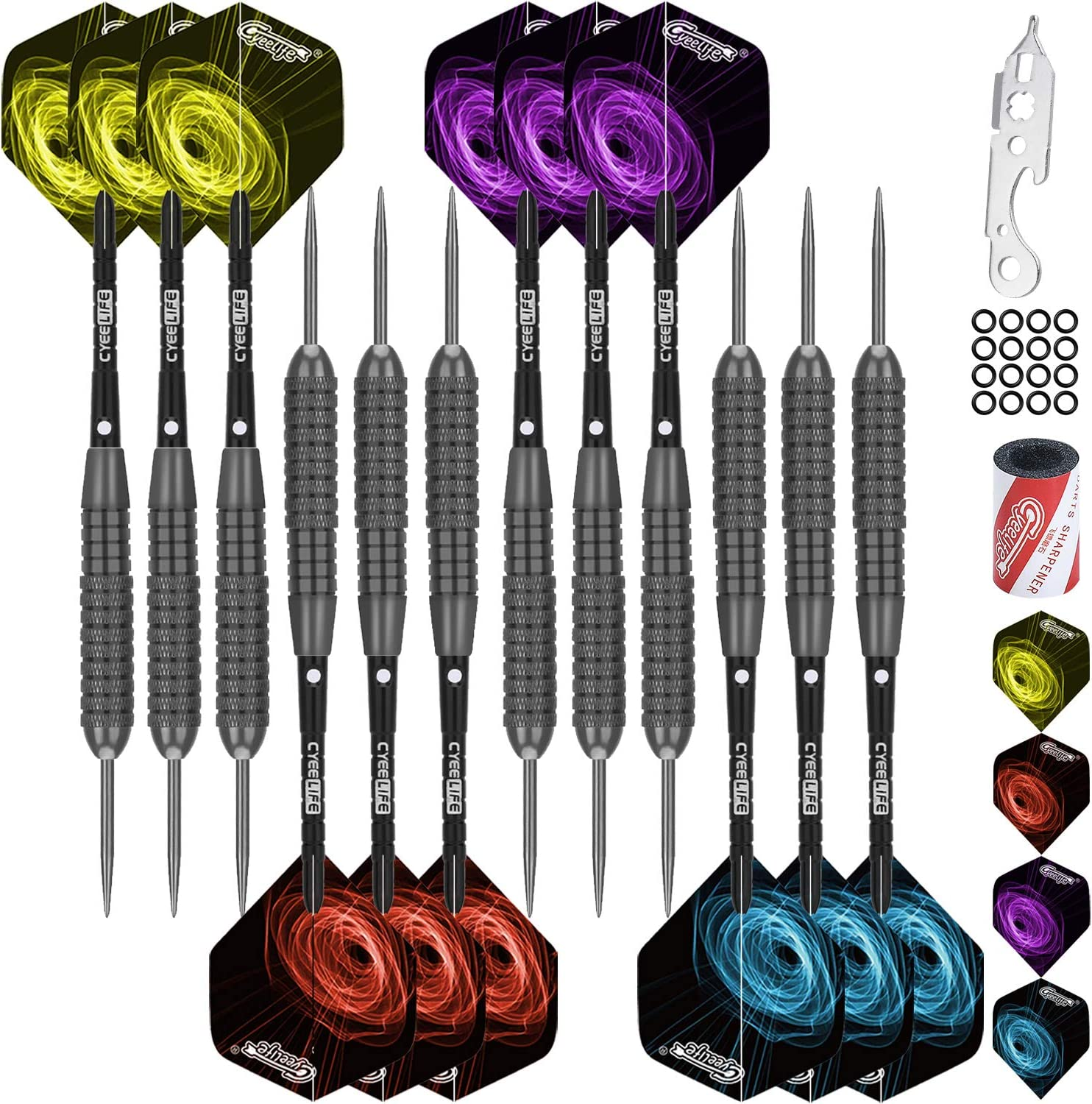 Cyeelife 12Pcs Steel Tip Darts 22/28G+16 Flights+Sharpener+Dart Tool+12Aluminium Shafts with Rubber Rings