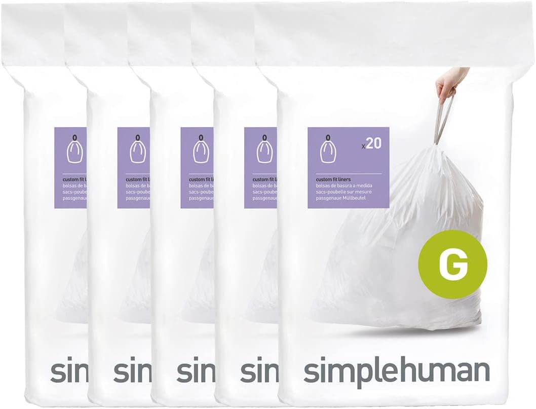 Simplehuman Code G Custom Fit Drawstring Rubbish Bags, 30 Liter / 8 Gallon, White, 100 Count