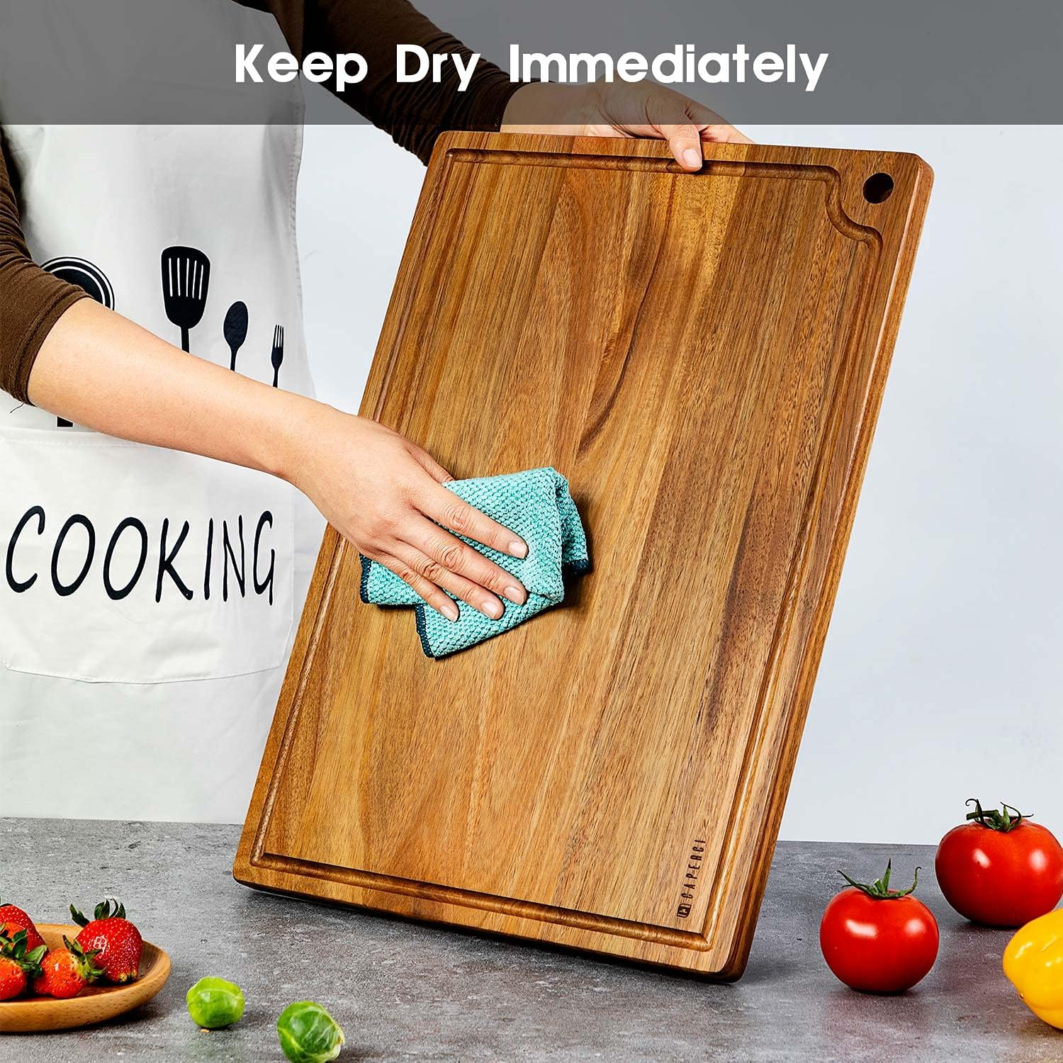 Extra Large Reversible Wood Cutting Board with Juice Groove - Caperci Better Kitchen Acacia Wood Edge Grain Chopping Board for Meat Cheese and Vegetables (XL 20 X 14 '') image number 6