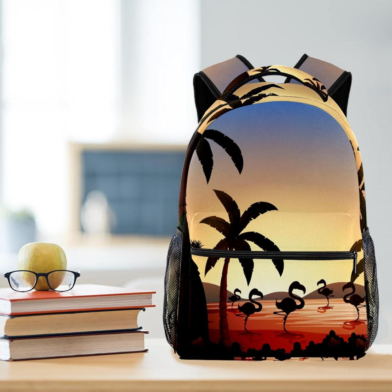 Flamingo Coconut Tree at the River Silhouette Backpack Students Shoulder Bags Travel Bag College School Tote Backpacks image number 2