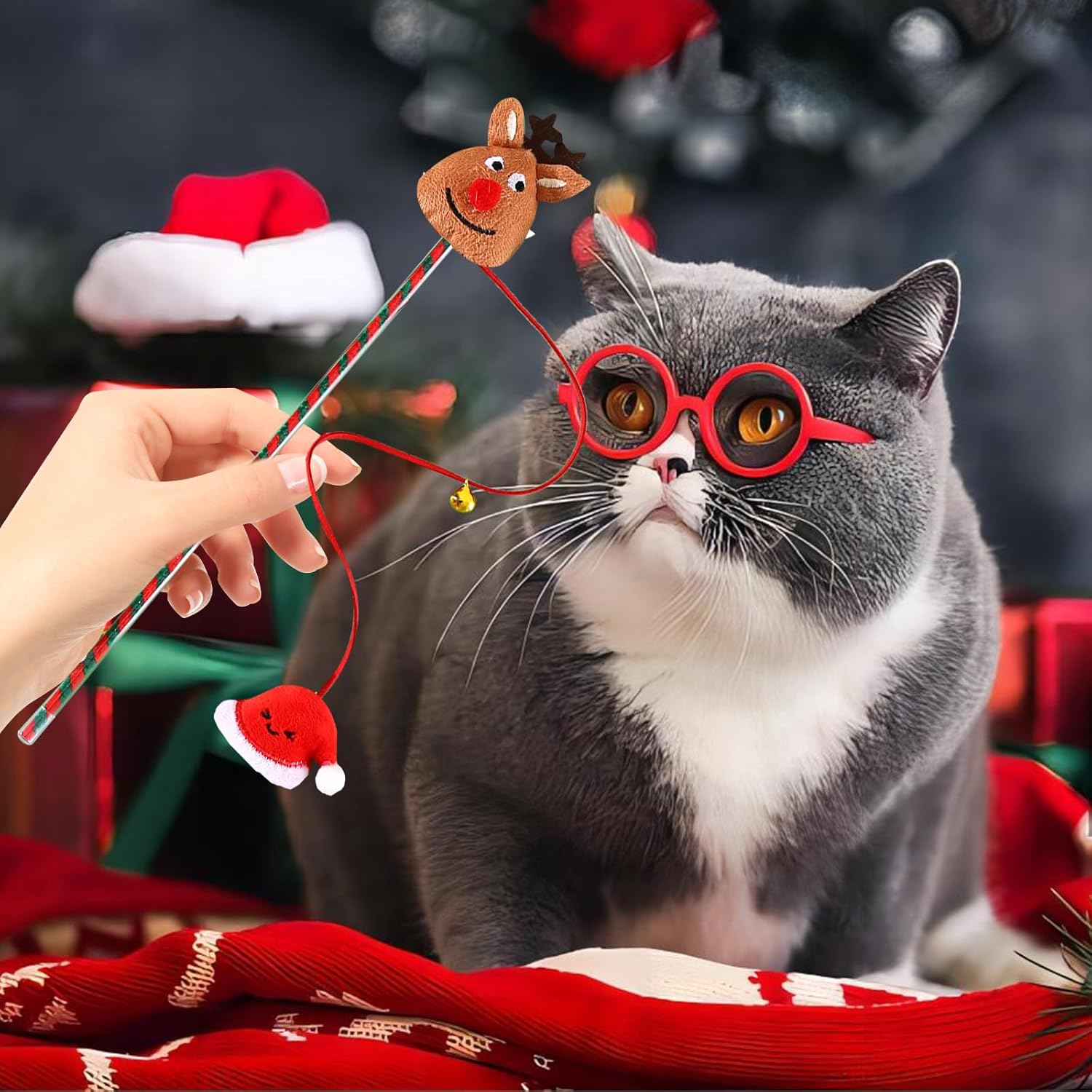 4 Pcs Christmas Cat Wand Toy,Christmas Design Interactive Cat Teaser Wand Toys with Bells,Funny Kitten Stick Toys for Indoor Cats,Christmas Party Cat Toys for Cat Interactive,Training image number 3