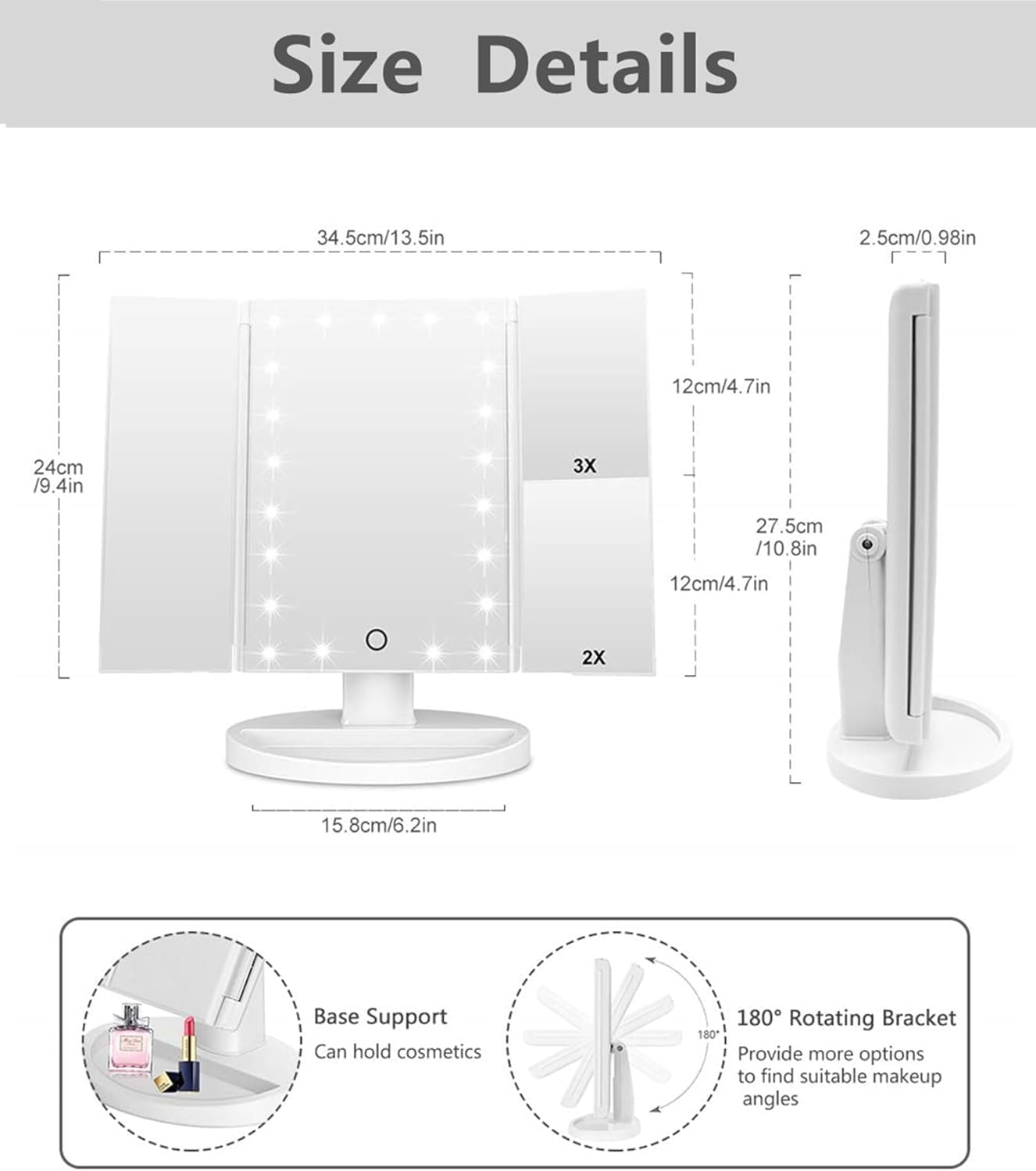 Vanity Mirror with Lights - 2X, 3X, 10X Magnification, Touch Control, Trifold, Dual Power, Portable LED - Women'S Gift (White) image number 6