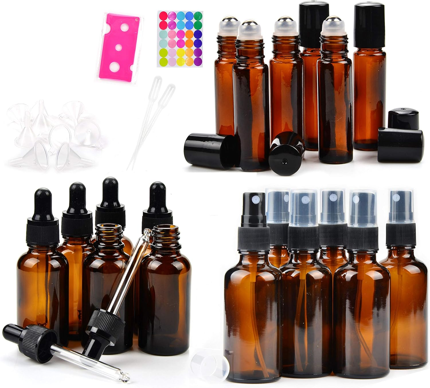 Youngever 18 Amber Glass Essential Oil Bottles Bundle, 6 Dropper Bottles (30ML), 6 Spray Bottles (60ML), 6 Stainless Steel Roller Bottles for Essential Oil (10ML) image number 2