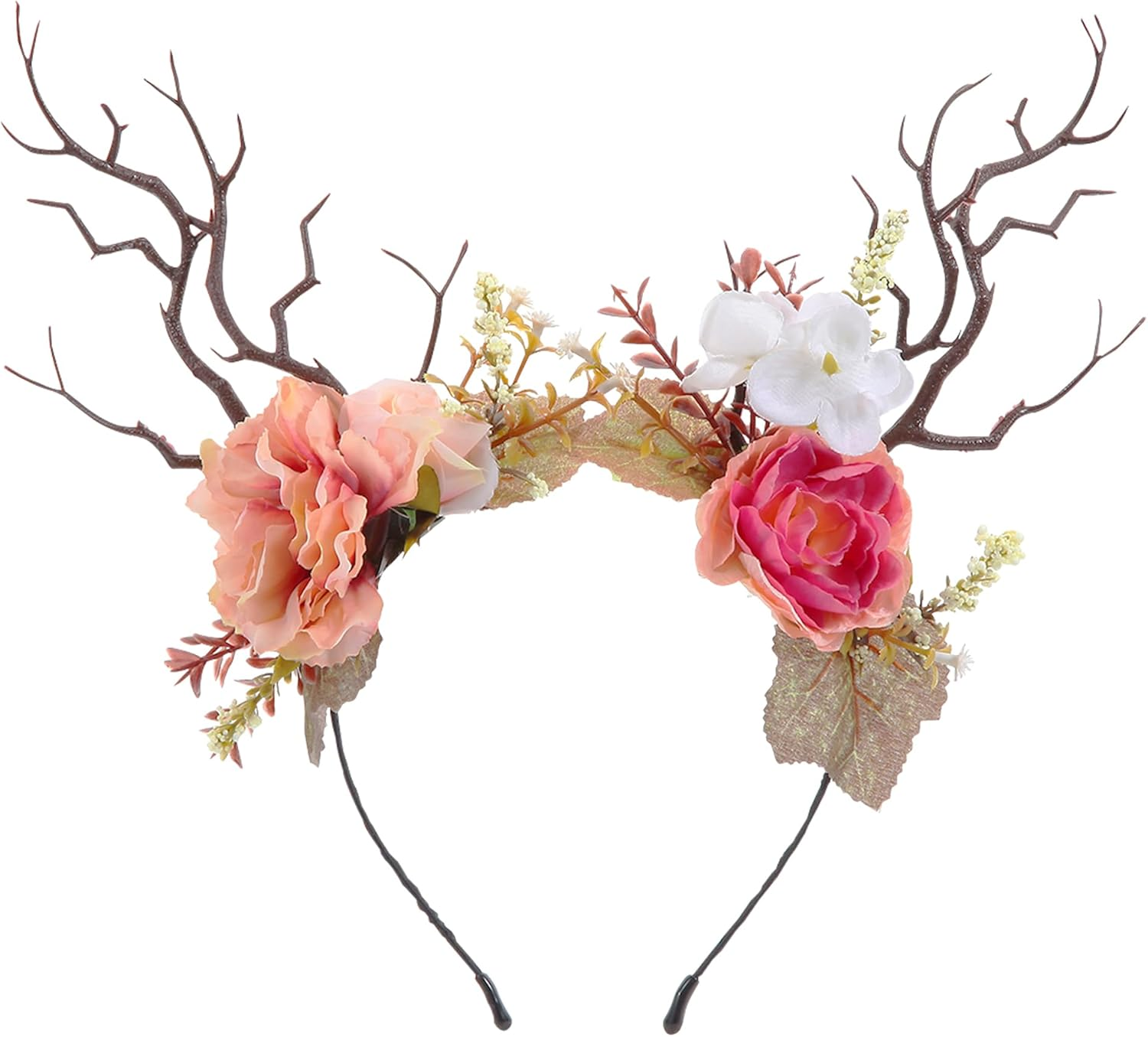 Korvishow Deer Antlers Branches Headband Flower Crowns for Women Woodland Forest Fairy Cosplay Costume Floral Headpiece Renaissance Accessories Party Wedding Hairband